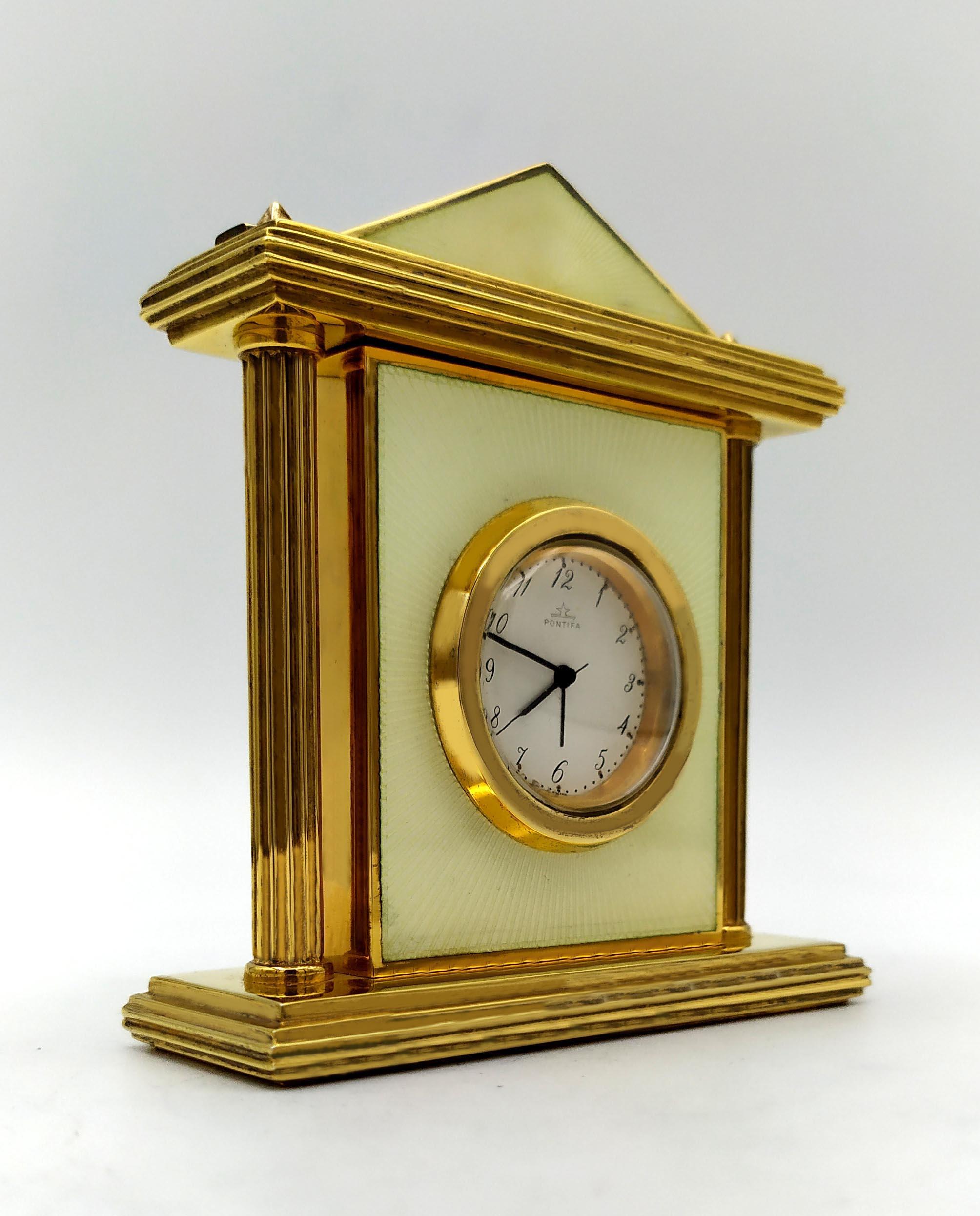 Clock Cream Enamel on Guilloche Sterling Silver Salimbeni  For Sale 1