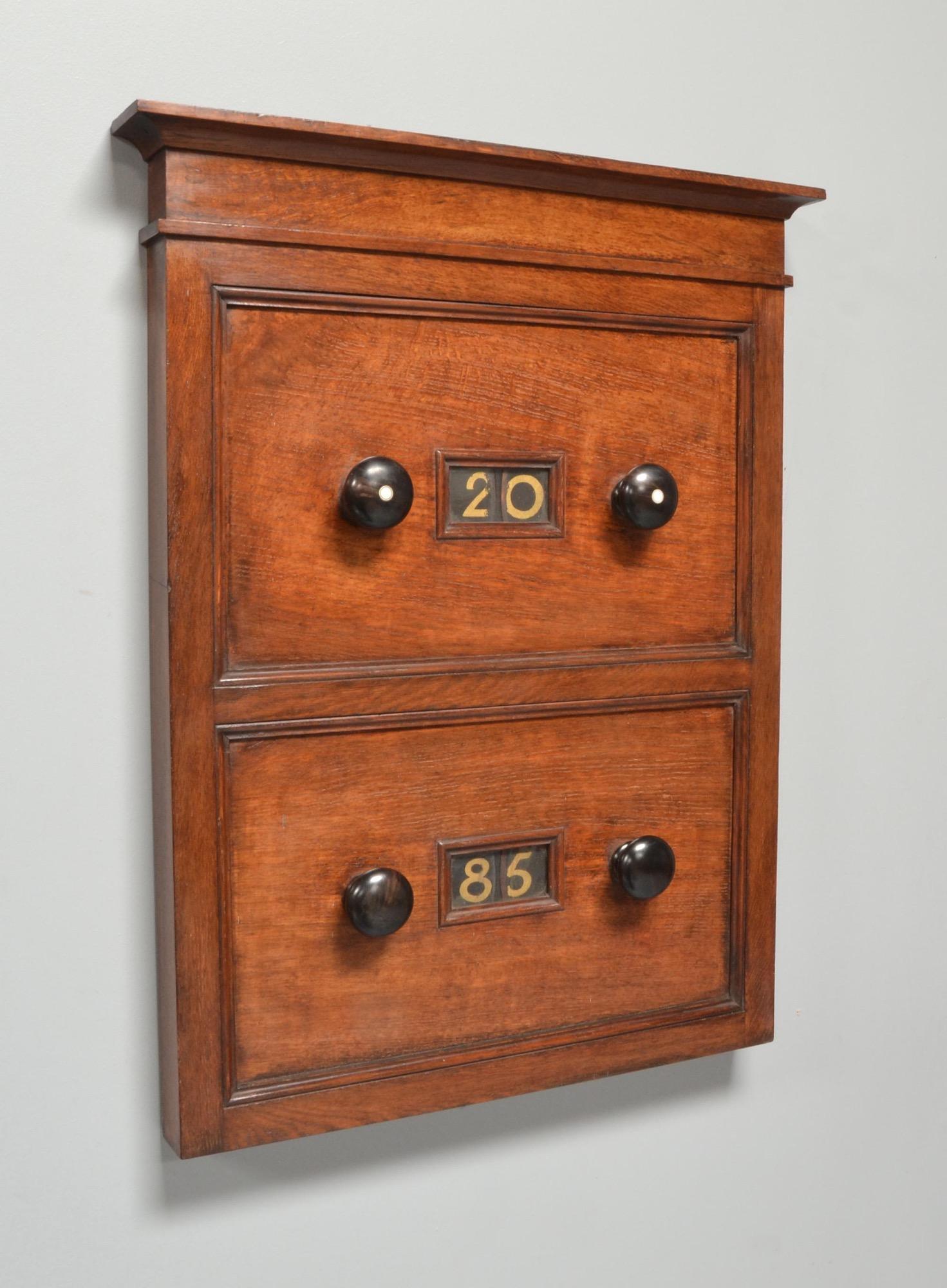 Mid-19th Century Clock Face Numerical Billiards Scorer Oak Cabinet with Rotating Dials For Sale