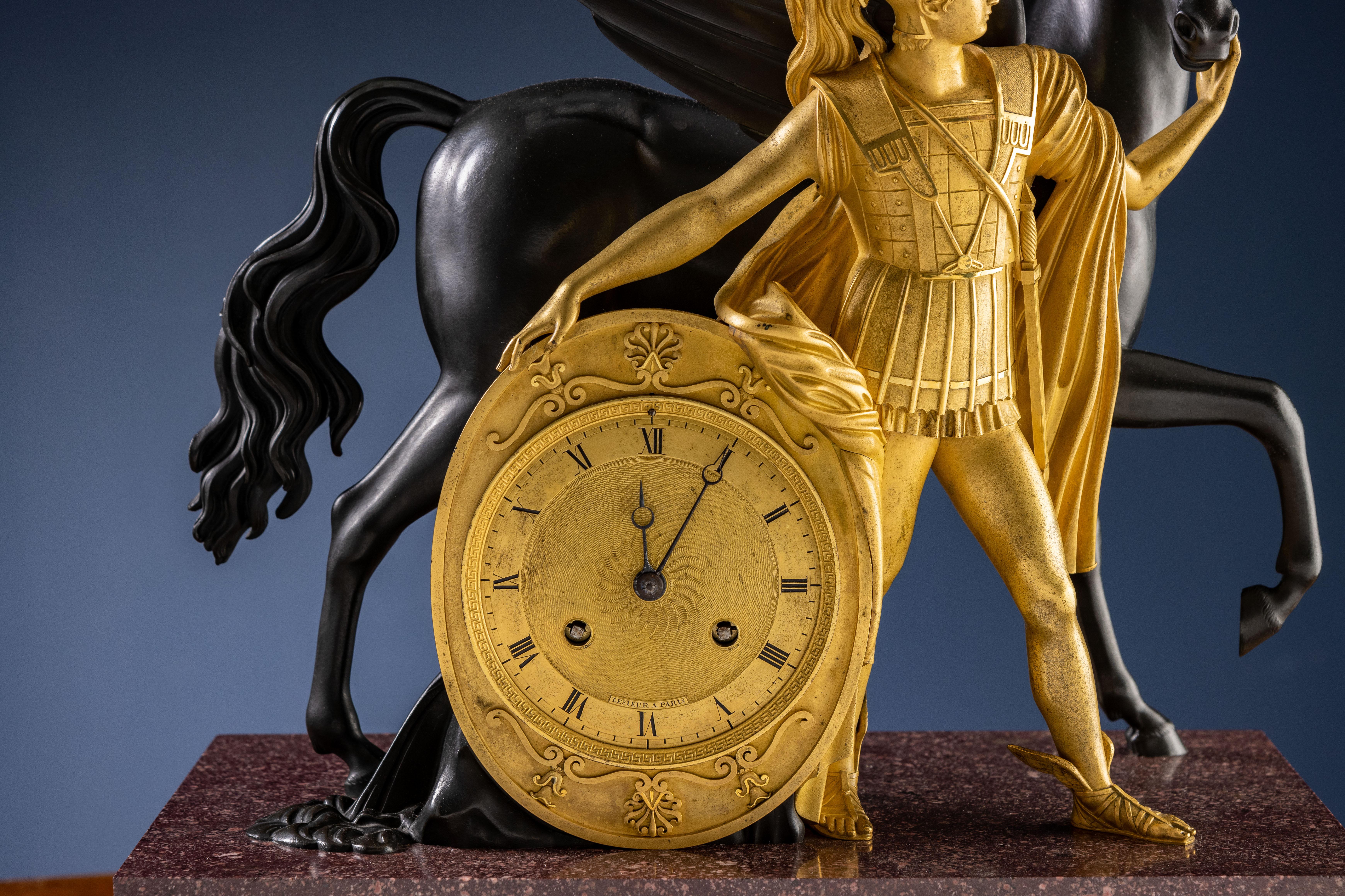 French Clock Lesieur Empire Bronze Red Porphyry France 19th Cent. Pegasus and Perseus