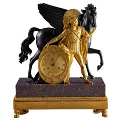 Antique Clock Lesieur Empire Bronze Red Porphyry France 19th Cent. Pegasus and Perseus
