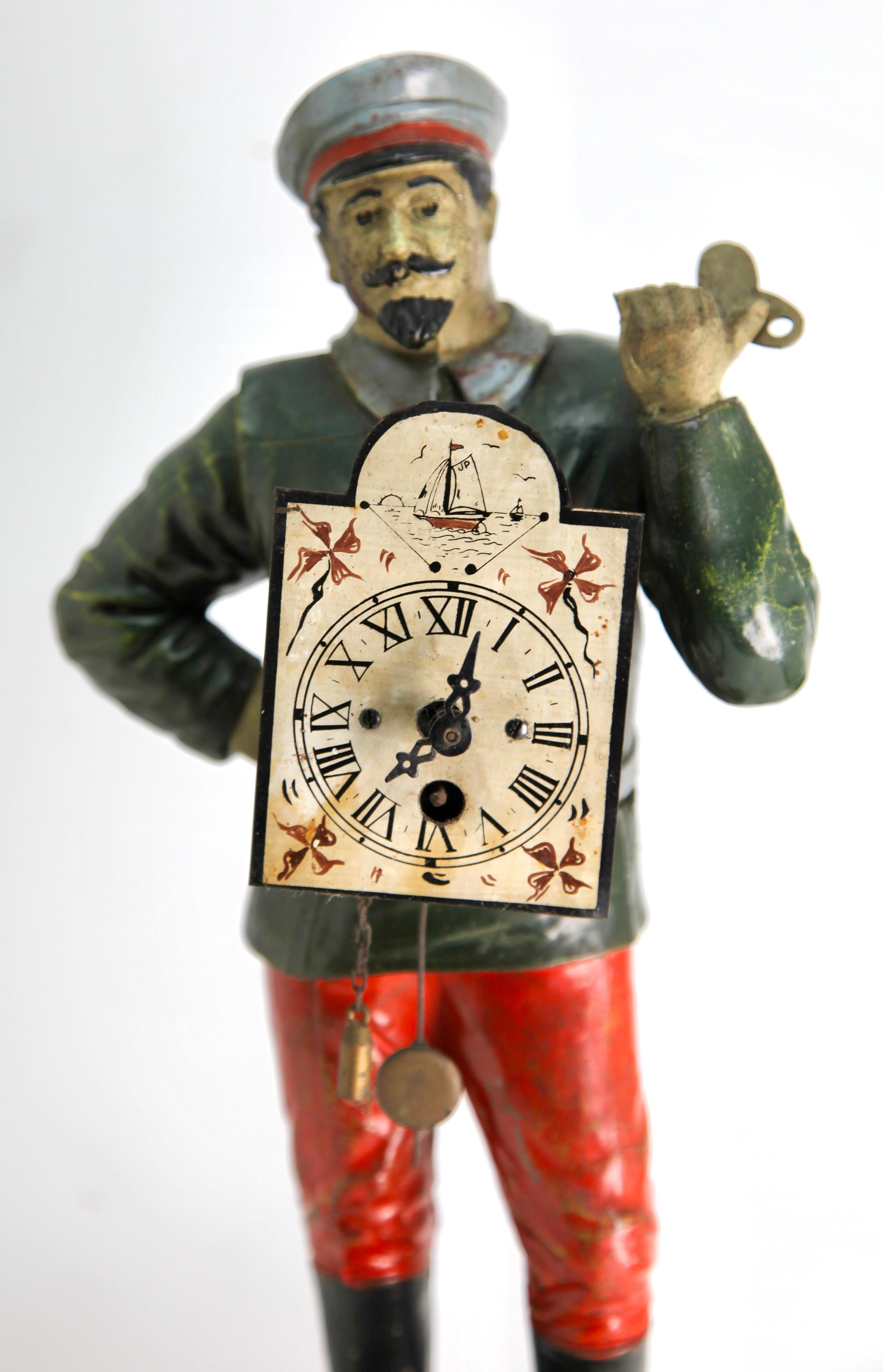 Clock Man, Wind-Up Clock with Key, Spelter, Hand-Painted For Sale 1