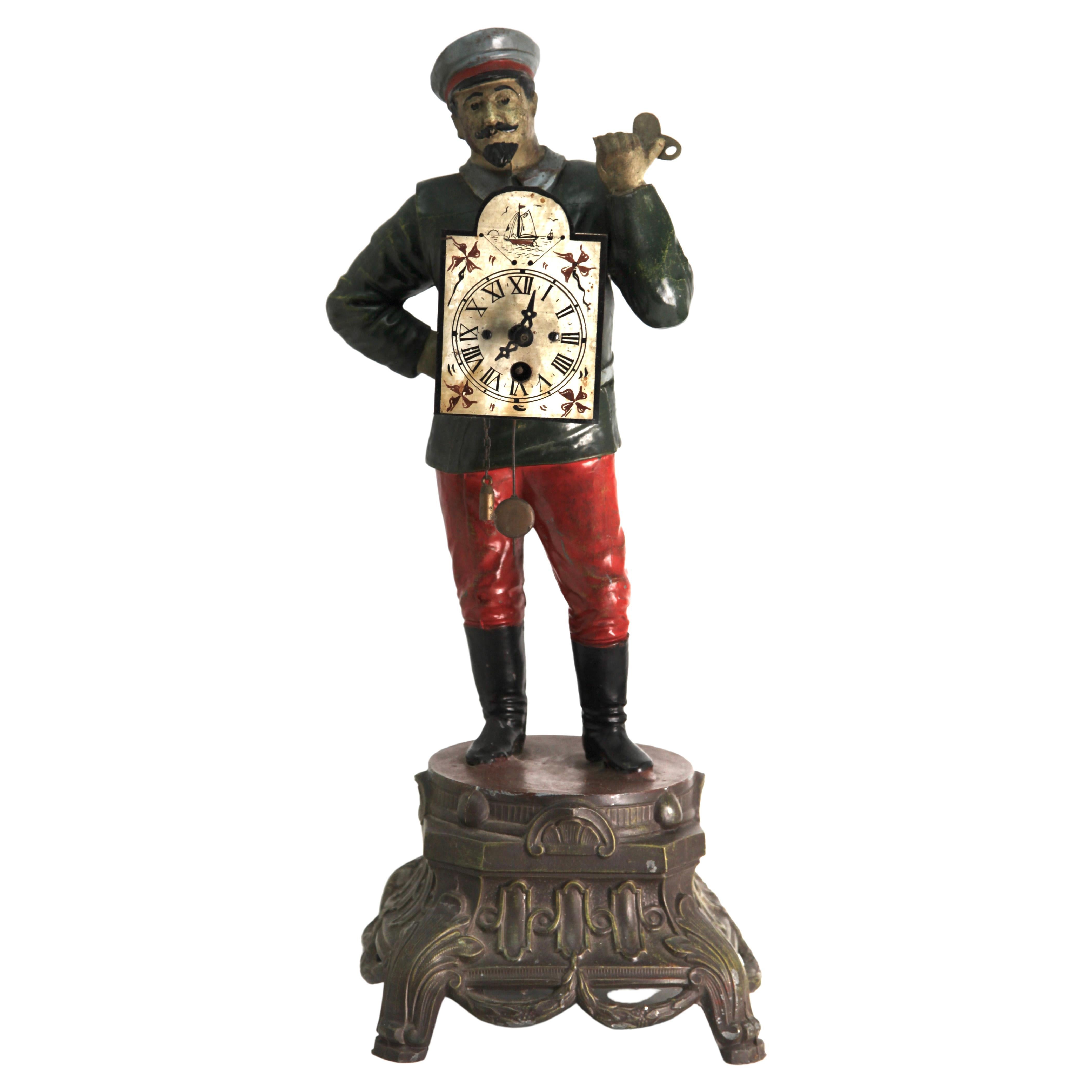 Clock Man - Wind-up clock with key - Spelter, hand-painted

We prefer to sell our items in 'uncleaned' condition so that the new owner still has the choice to remove the patina (signs of age) or not.
The timepiece needs to be checked and cleaned.