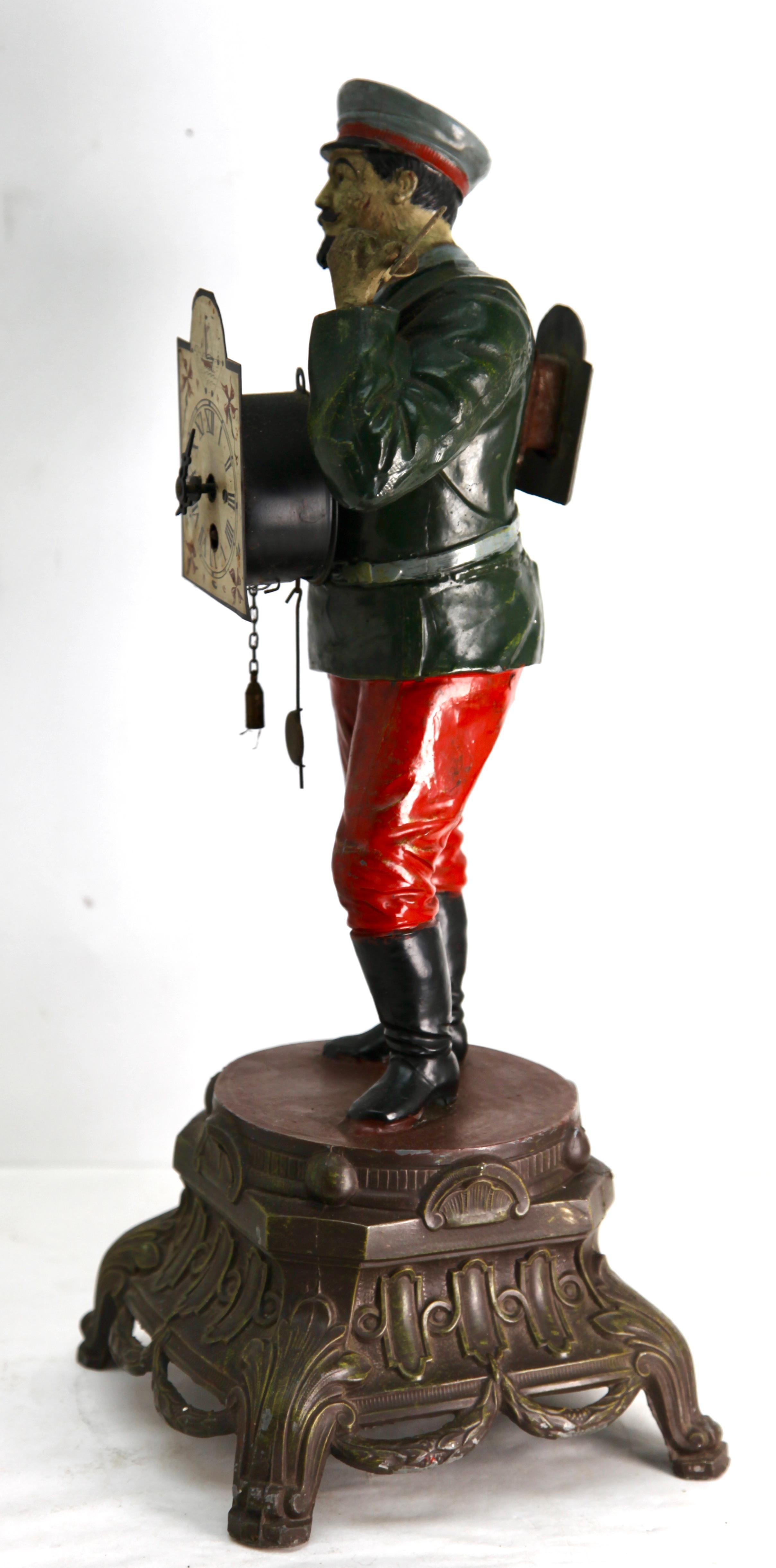 Mid-20th Century Clock Man, Wind-Up Clock with Key, Spelter, Hand-Painted For Sale