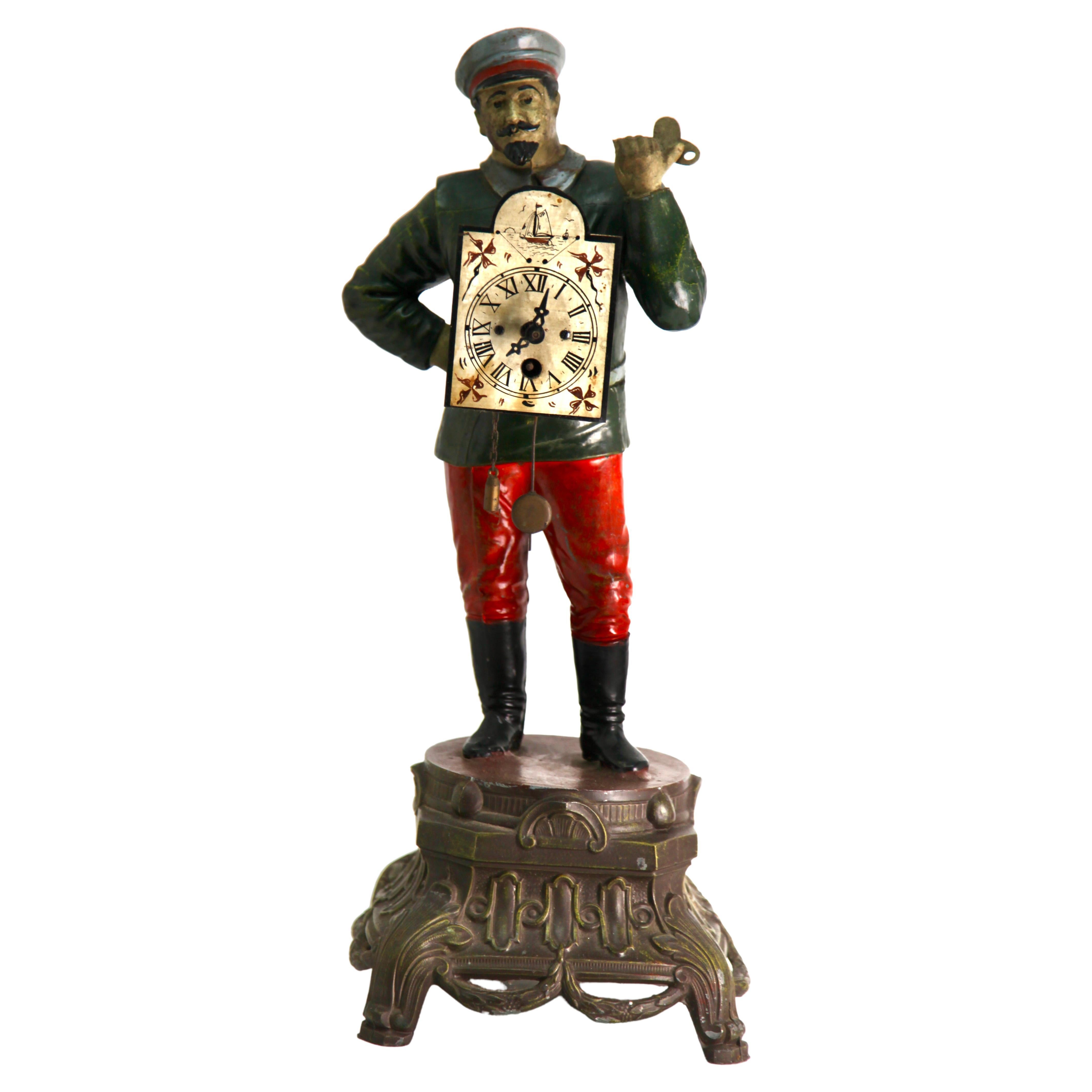 Clock Man, Wind-Up Clock with Key, Spelter, Hand-Painted For Sale