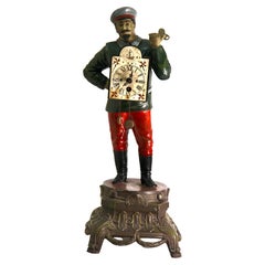 Vintage Clock Man, Wind-Up Clock with Key, Spelter, Hand-Painted