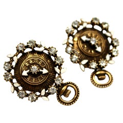 Clock Motif Gold-Tone Clip-On Earrings With Rhinestones circa 1960s