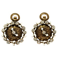 Clock Motif Gold-Tone Clip-On Earrings With Rhinestones circa 1960s