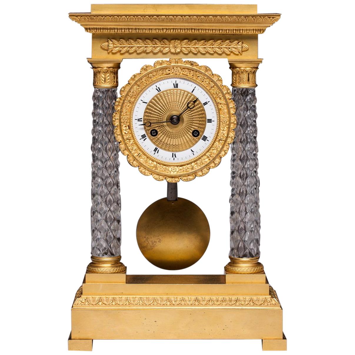 Clock Portico Charles X Crystal Baccarat and Golden Bronze For Sale