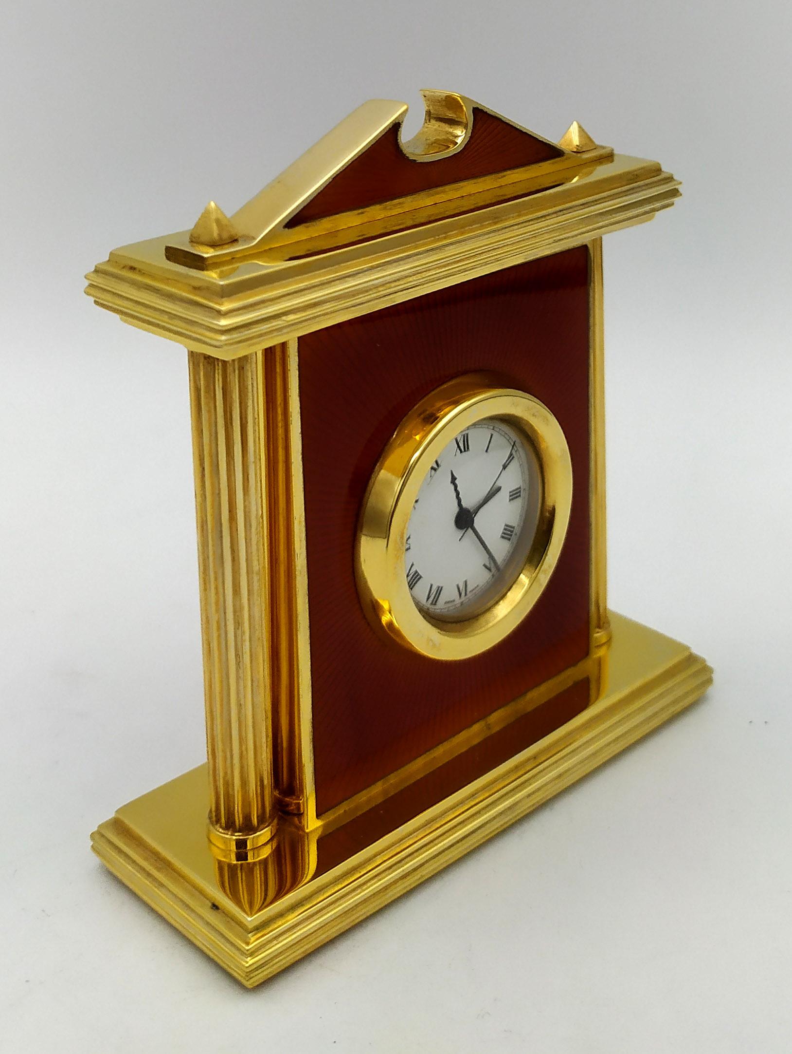 Hand-Carved Clock Red fired enamel on guillochè, with columns in Neoclassico Salimbeni For Sale