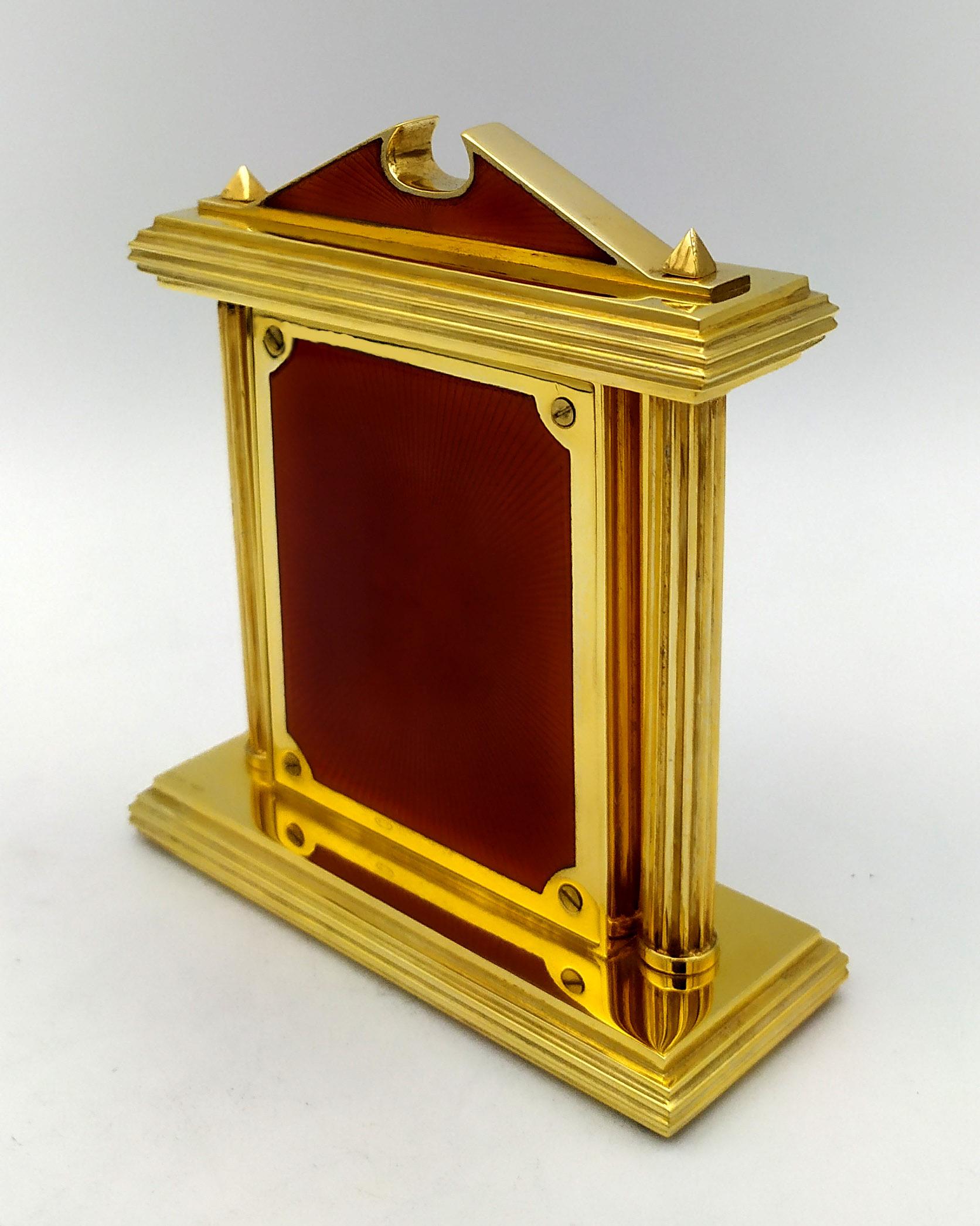 Late 20th Century Clock Red fired enamel on guillochè, with columns in Neoclassico Salimbeni For Sale