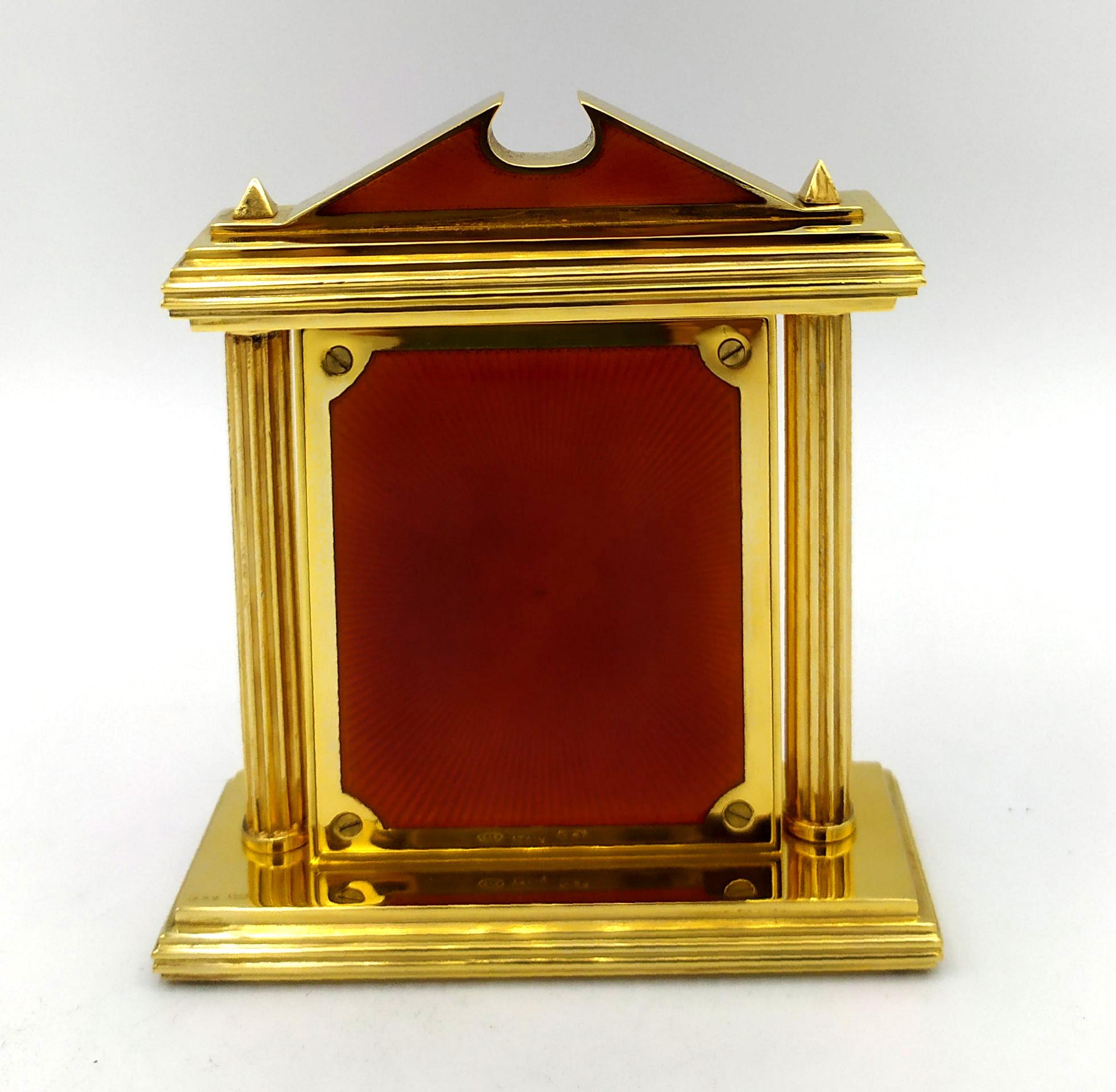 Sterling Silver Clock Red fired enamel on guillochè, with columns in Neoclassico Salimbeni For Sale