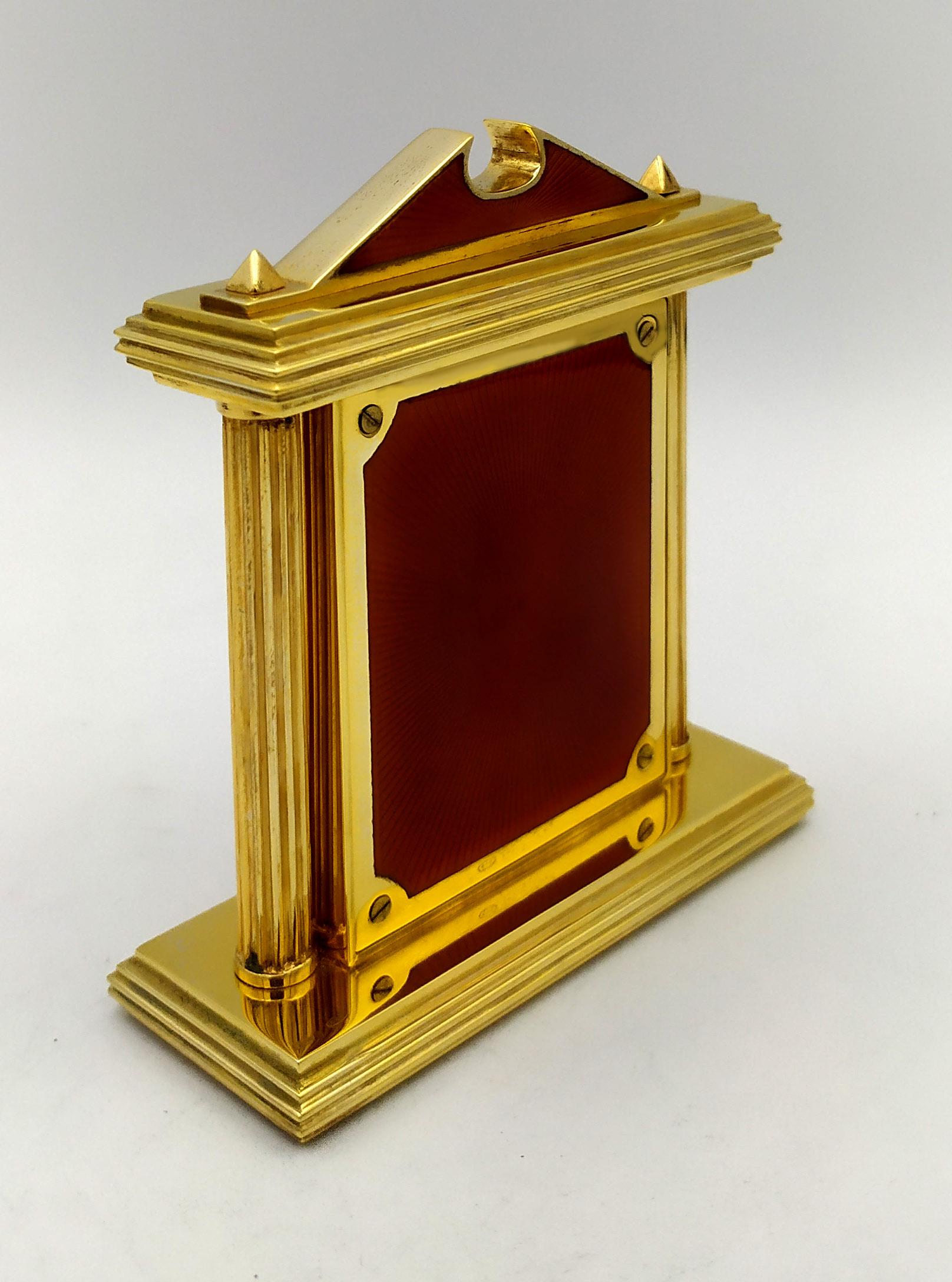 Clock Red fired enamel on guillochè, with columns in Neoclassico Salimbeni For Sale 1