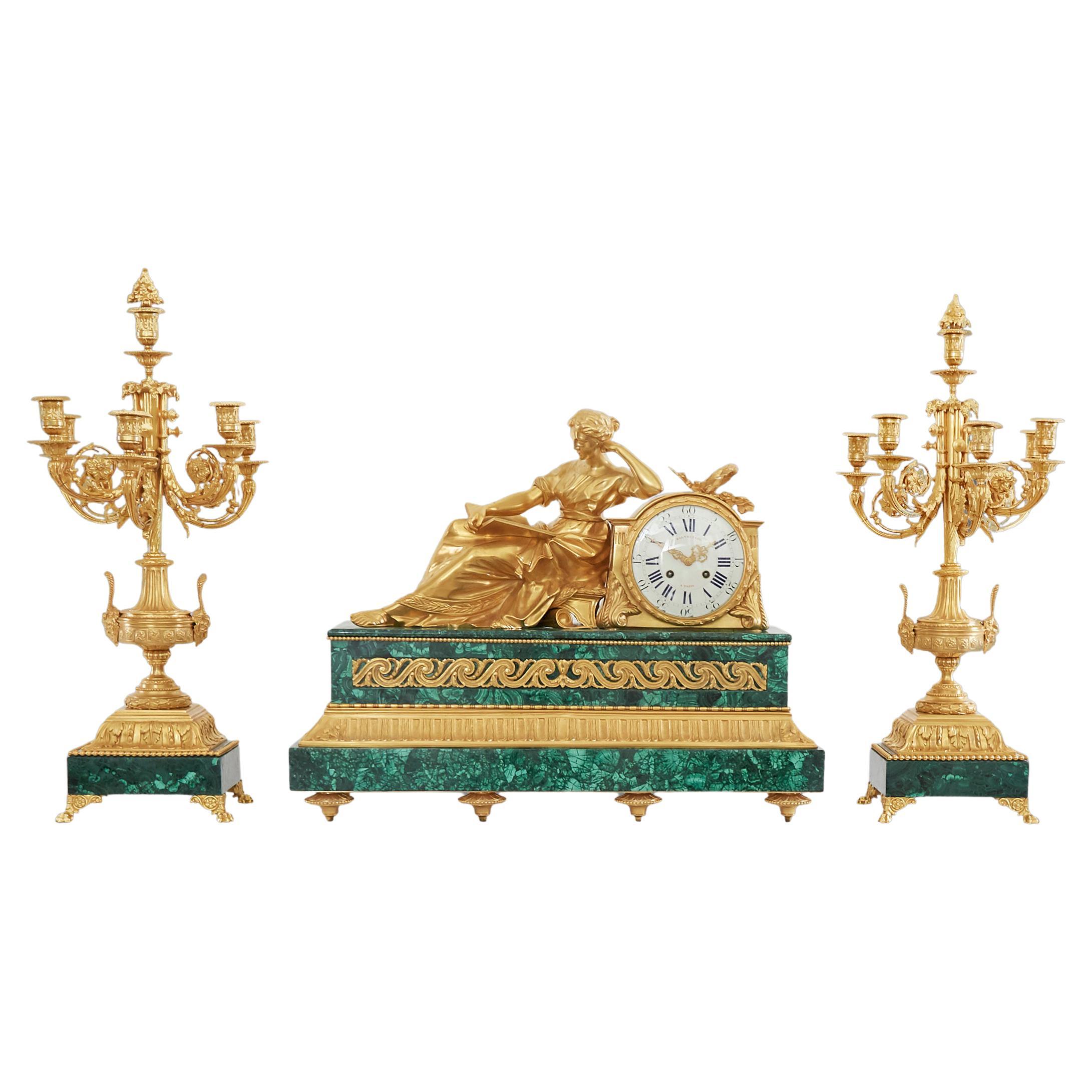 Clock Set 19th Century Napoleon III Period by Balthazard À Paris