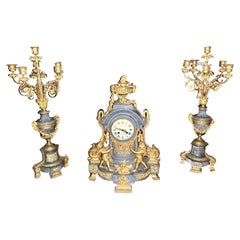 Clock set 3 pieces marble and bronze with cherub