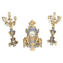 Antique Clock set 3 pieces marble and bronze with cherub 