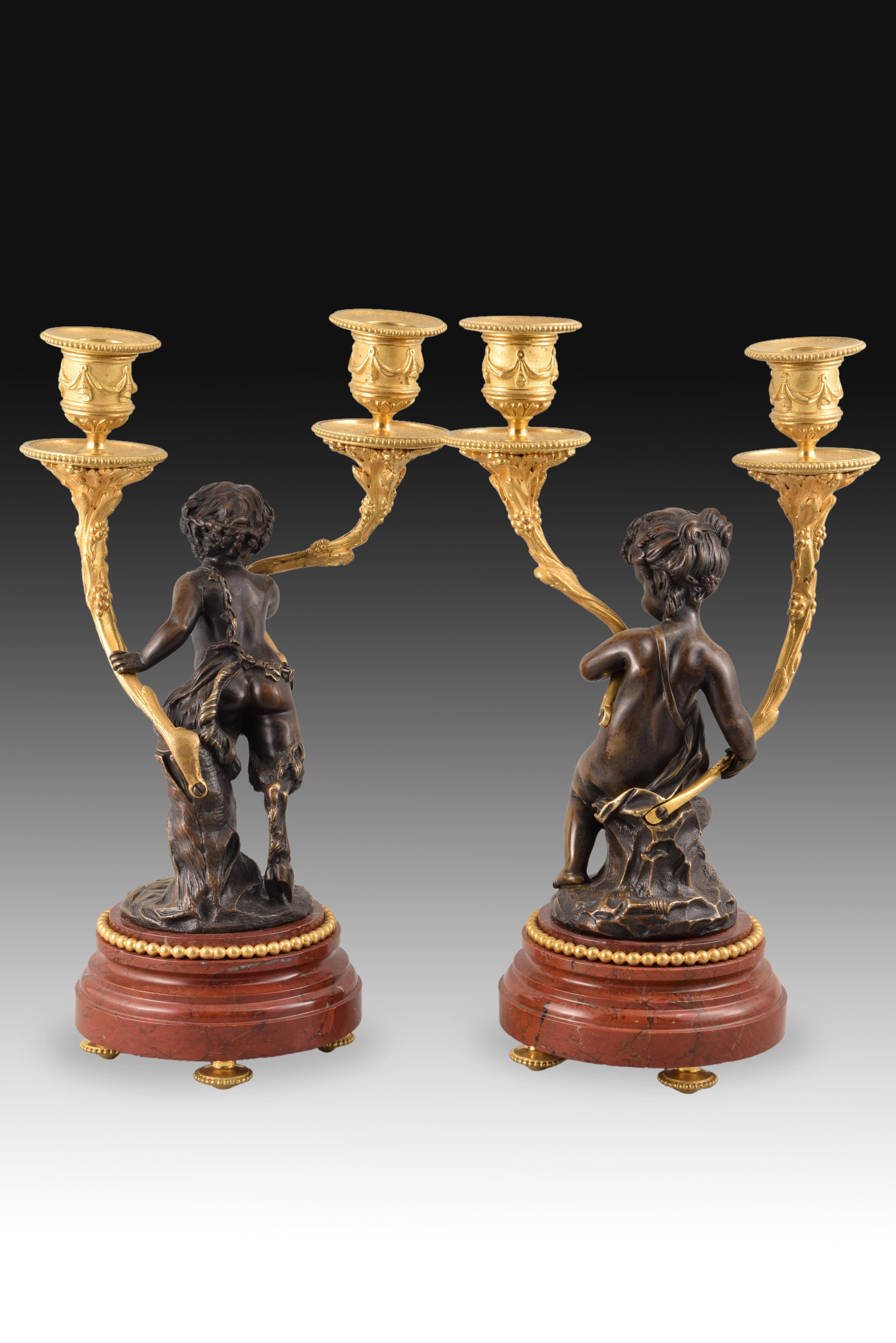 Clock Set, Bronze, Rouge Griotte, Etc, France, 19th C. After Clodion For Sale 8