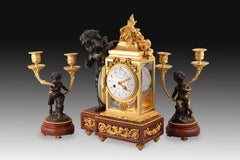 Clock Set, Bronze, Rouge Griotte, Etc, France, 19th C. After Clodion
