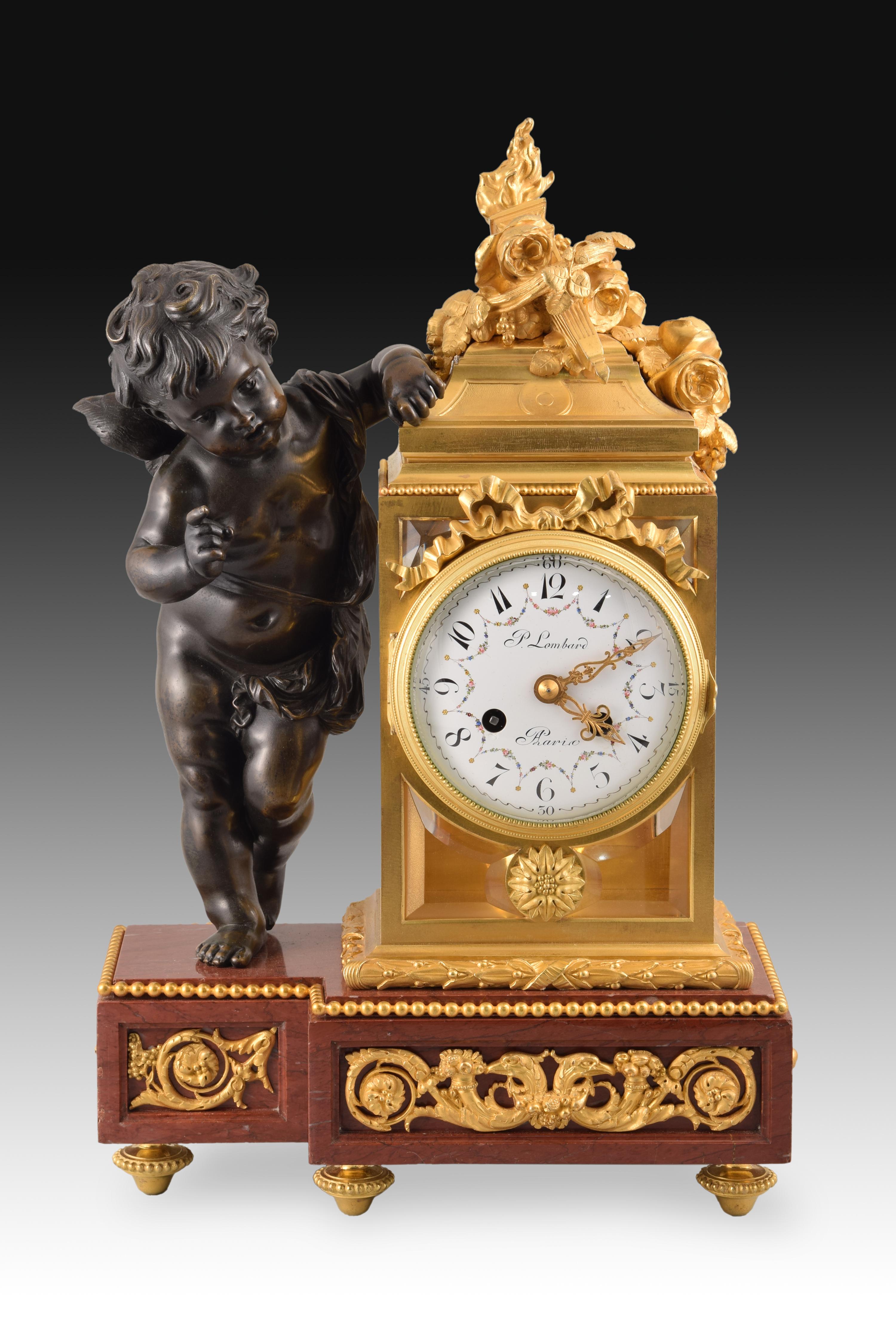 Neoclassical Clock Set, Bronze, Rouge Griotte, Etc, France, 19th C. After Clodion For Sale