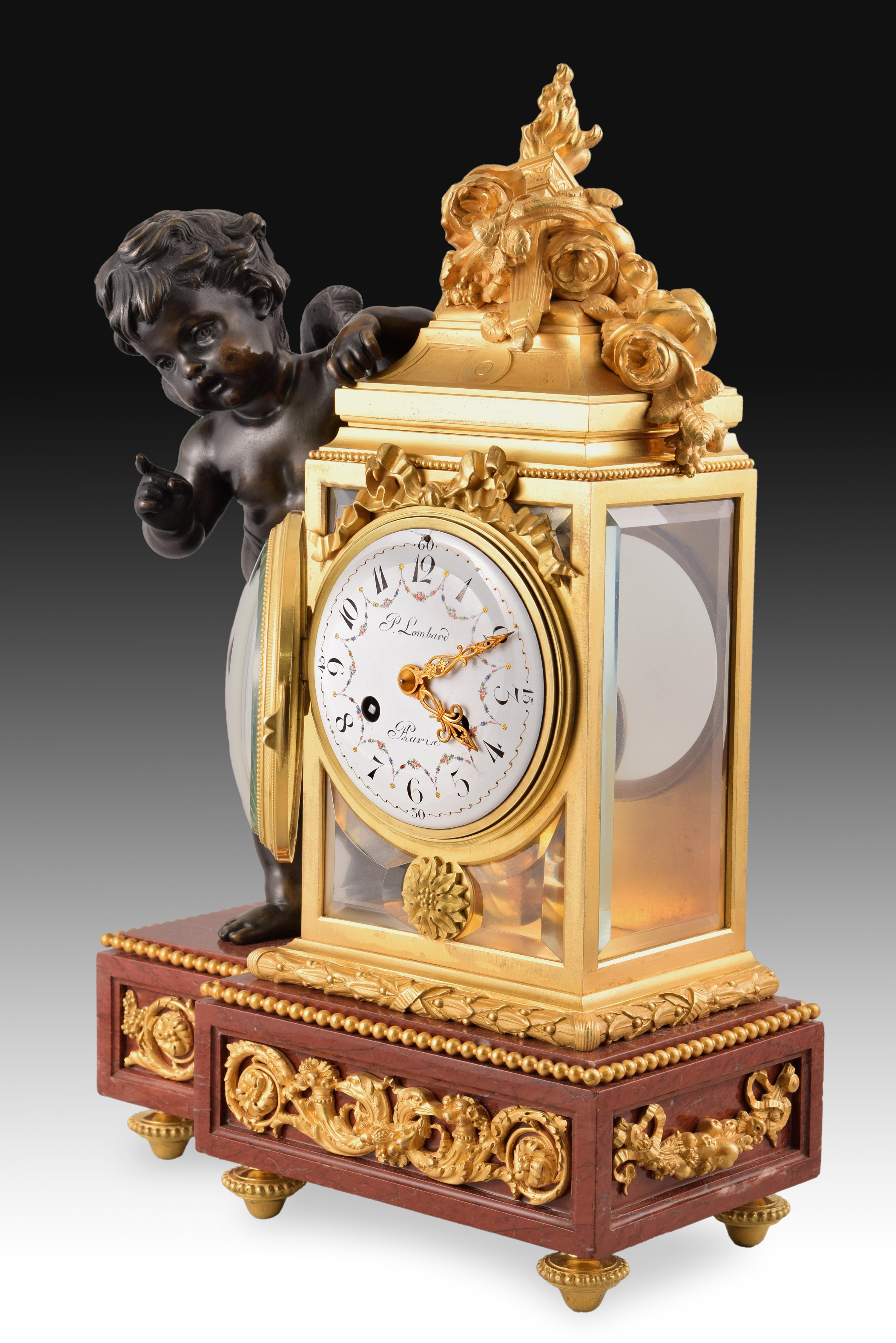 French Clock Set, Bronze, Rouge Griotte, Etc, France, 19th C. After Clodion For Sale