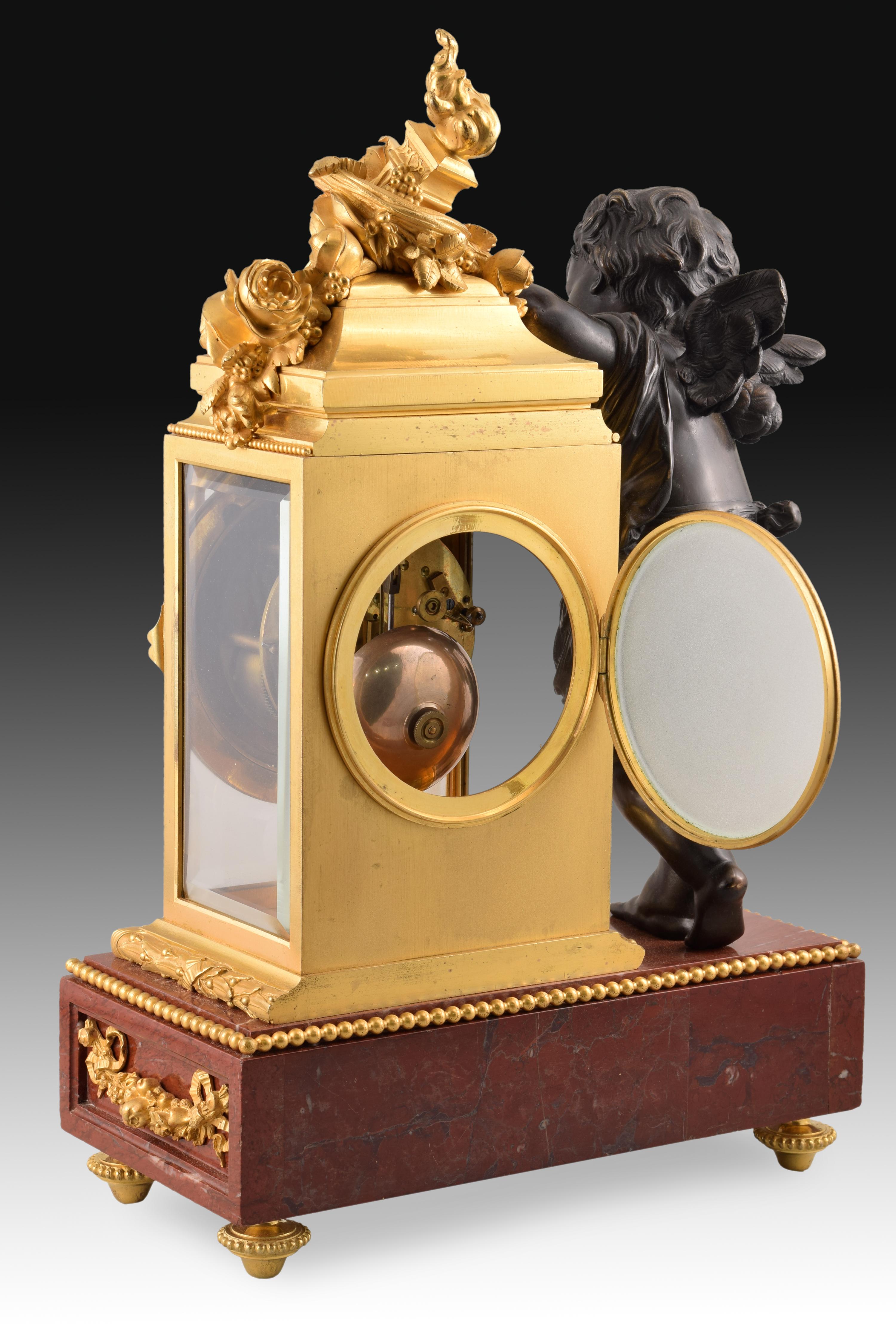 19th Century Clock Set, Bronze, Rouge Griotte, Etc, France, 19th C. After Clodion For Sale