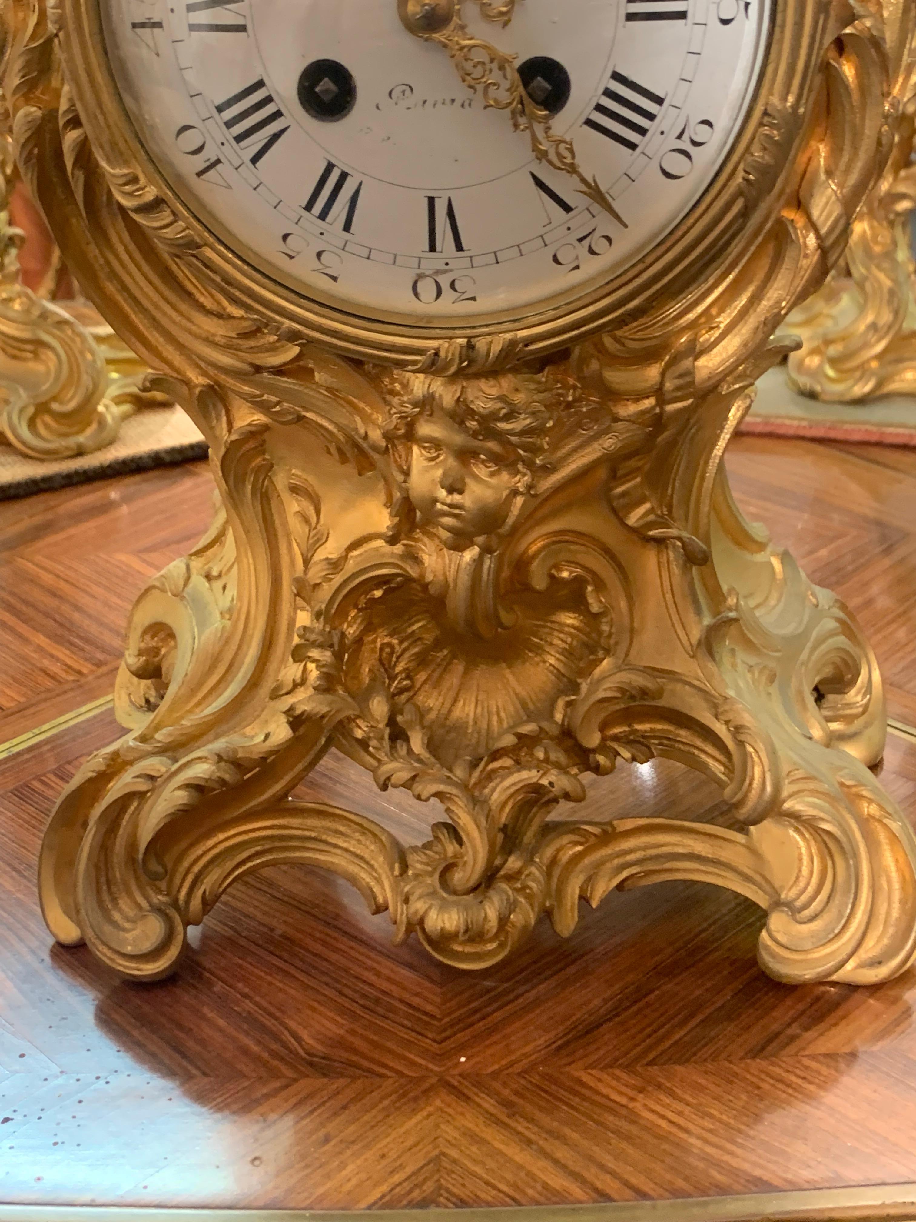 Louis XV Clock Set in Bronze Three Pieces For Sale
