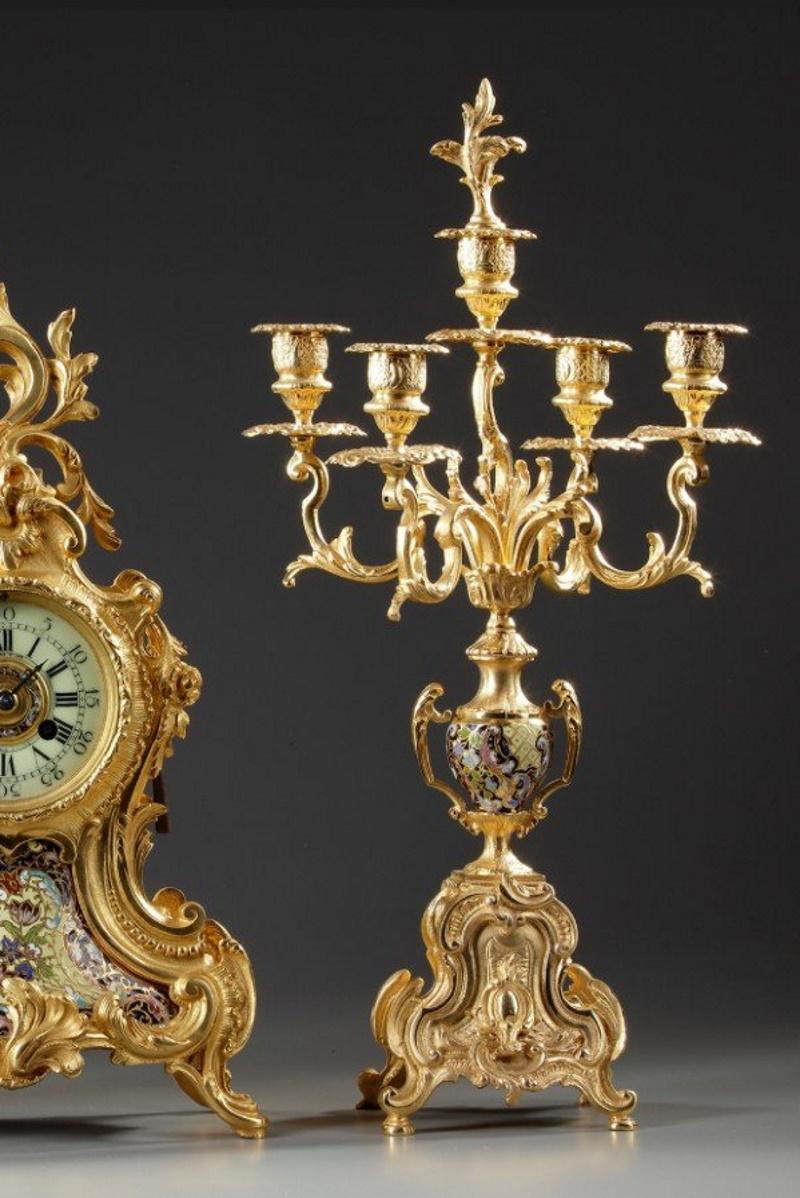 Clock Set in Gilt and Champleve Bronze XIXth Century In Good Condition In Saint-Ouen, FR