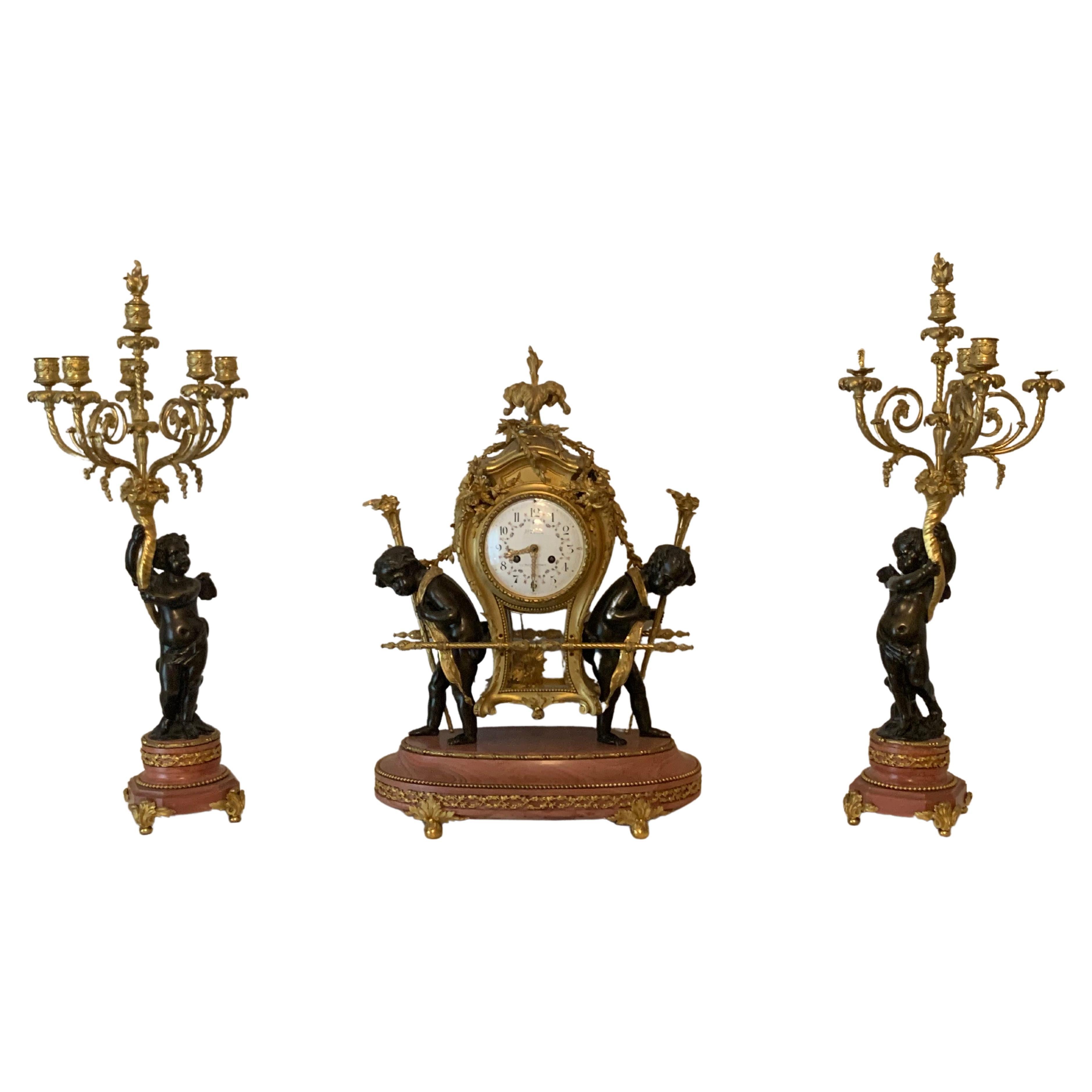 Clock Set in Marble and Bronze by F.Gervais For Sale