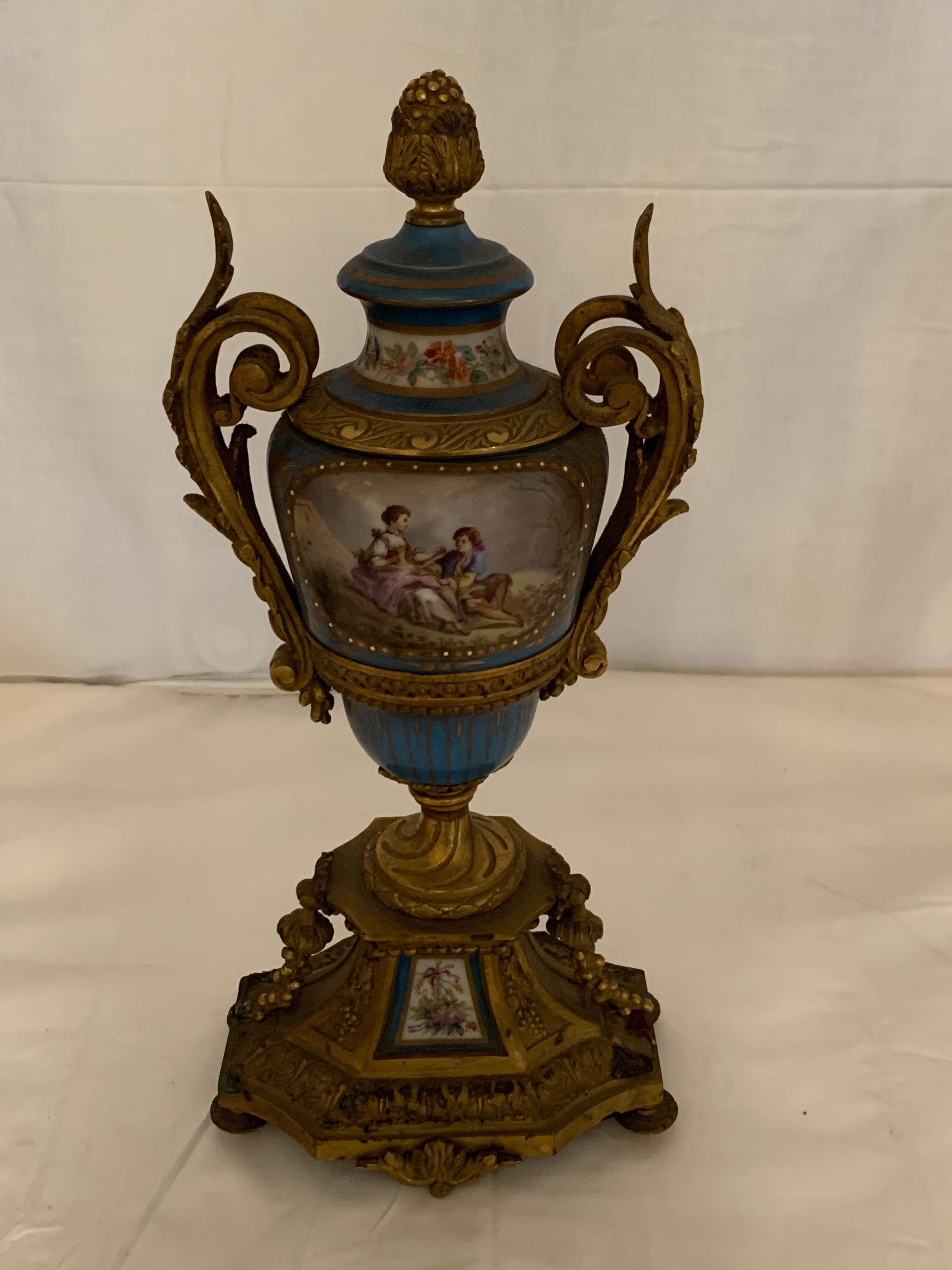 Clock set three pieces in sevres style and bronze In Good Condition For Sale In Los Angeles, CA