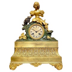 Clock with Girl and Cat in Gilt Bronze, Louis Philippe Period, XIXth