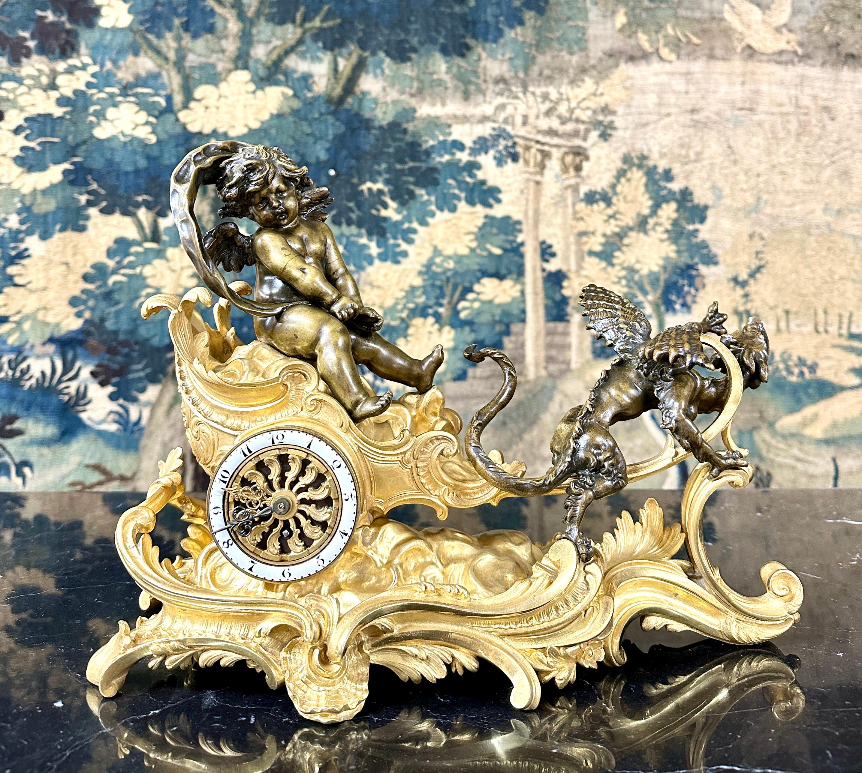 French Clock with Chariot and Love Towed by a Dragon, Attributed to François Linke, Gil