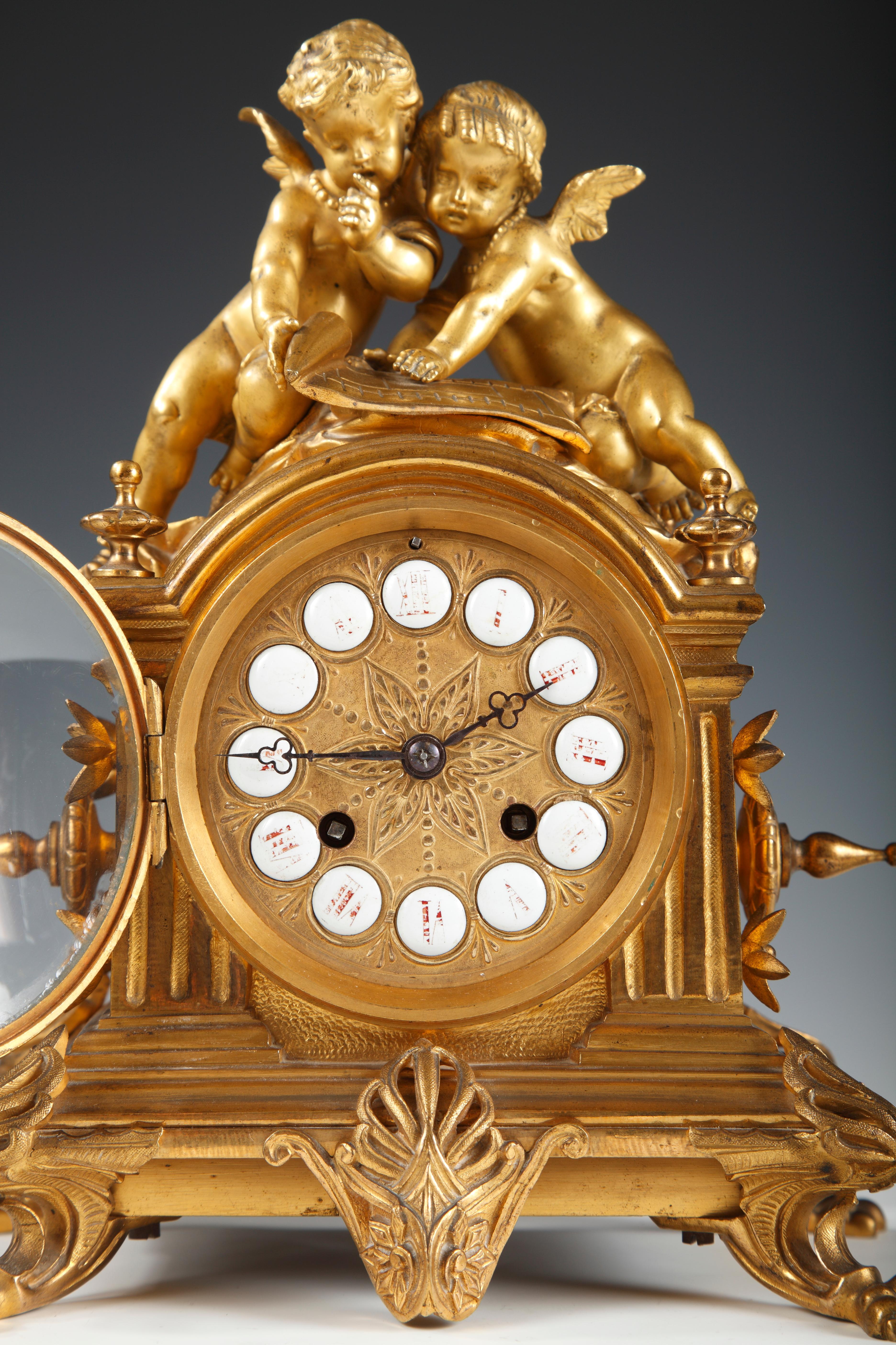 Greek Revival Clock with Cupids by D'Aureville, Chameroy and Maison Barbot, France, c. 1860 For Sale