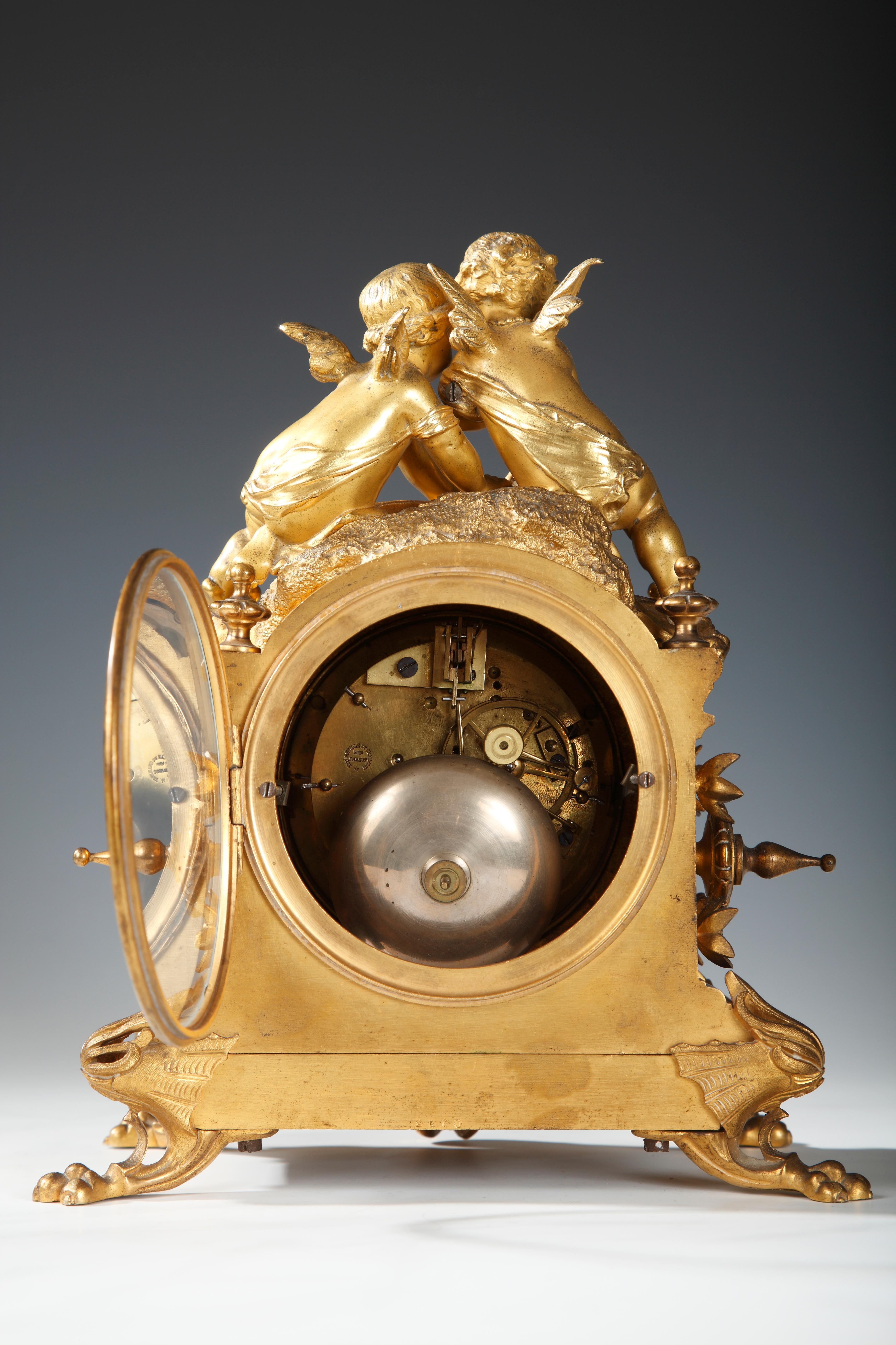 French Clock with Cupids by D'Aureville, Chameroy and Maison Barbot, France, c. 1860 For Sale