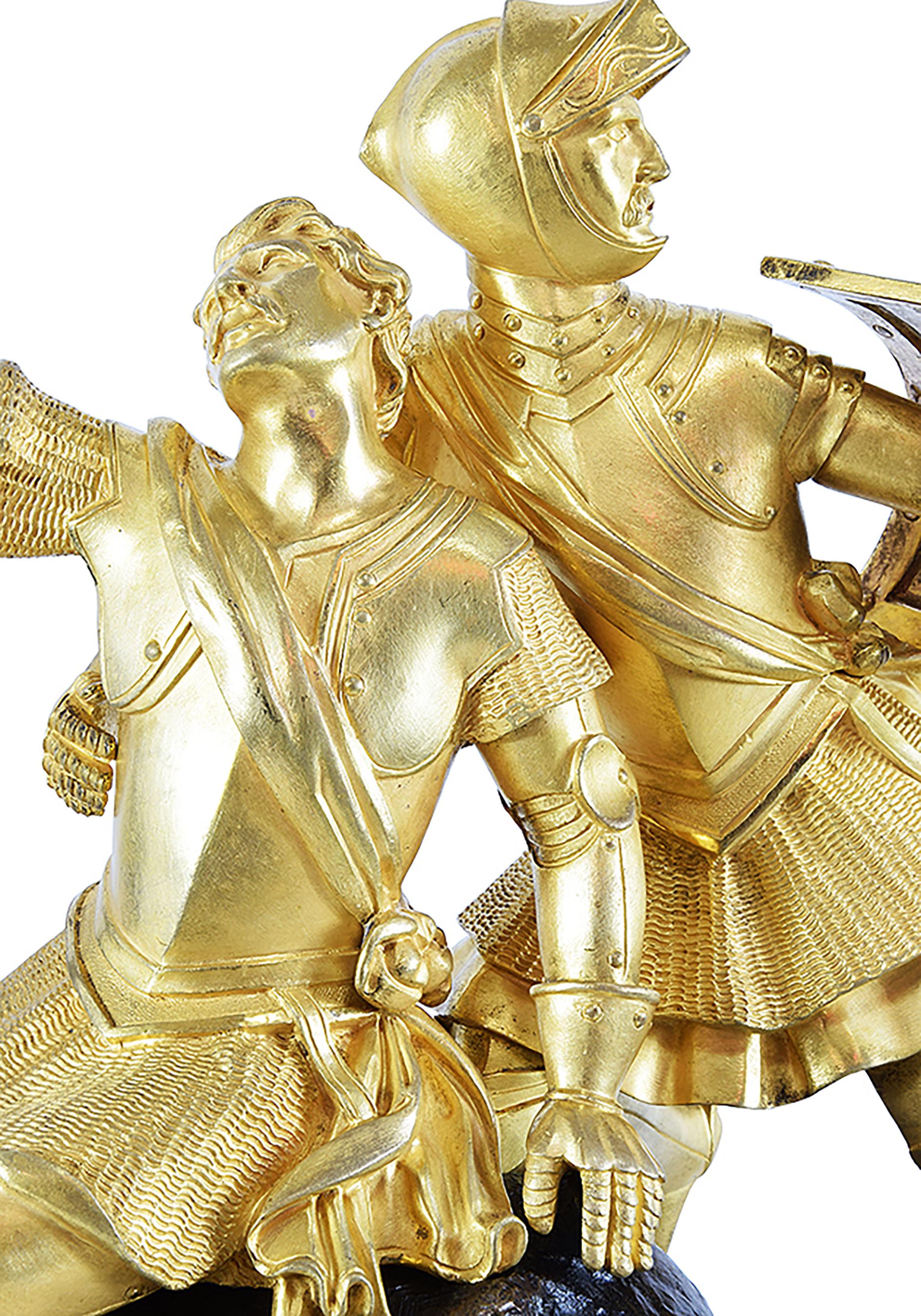 Uhr mit Rittern aus vergoldeter Bronze und patinierter Bronze – Zeit der Restauration (Bronziert) im Angebot
