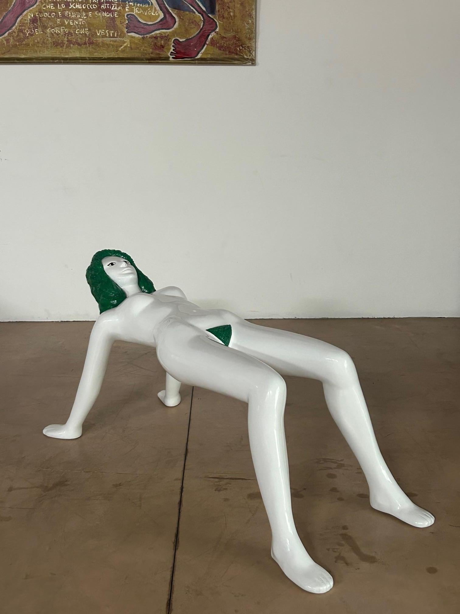Anthropomorphic bench in fiberglass, enamel and costume jewelry, attributed to Liz Moore from coming from a Cinema warehouse in Rome, used to promote the film A Clockwork Orange in the 70s.



