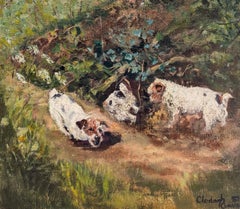 Tres terriers en una madriguera de conejos Escena del bosque Pintura al óleo original irlandesa