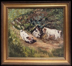 Tres terriers en una madriguera de conejos Escena del bosque Pintura al óleo original irlandesa