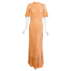 Vintage Clodagh Ireland Hand Crocheted Peach Cotton Maxi Dress, Never Worn Bonwit Teller