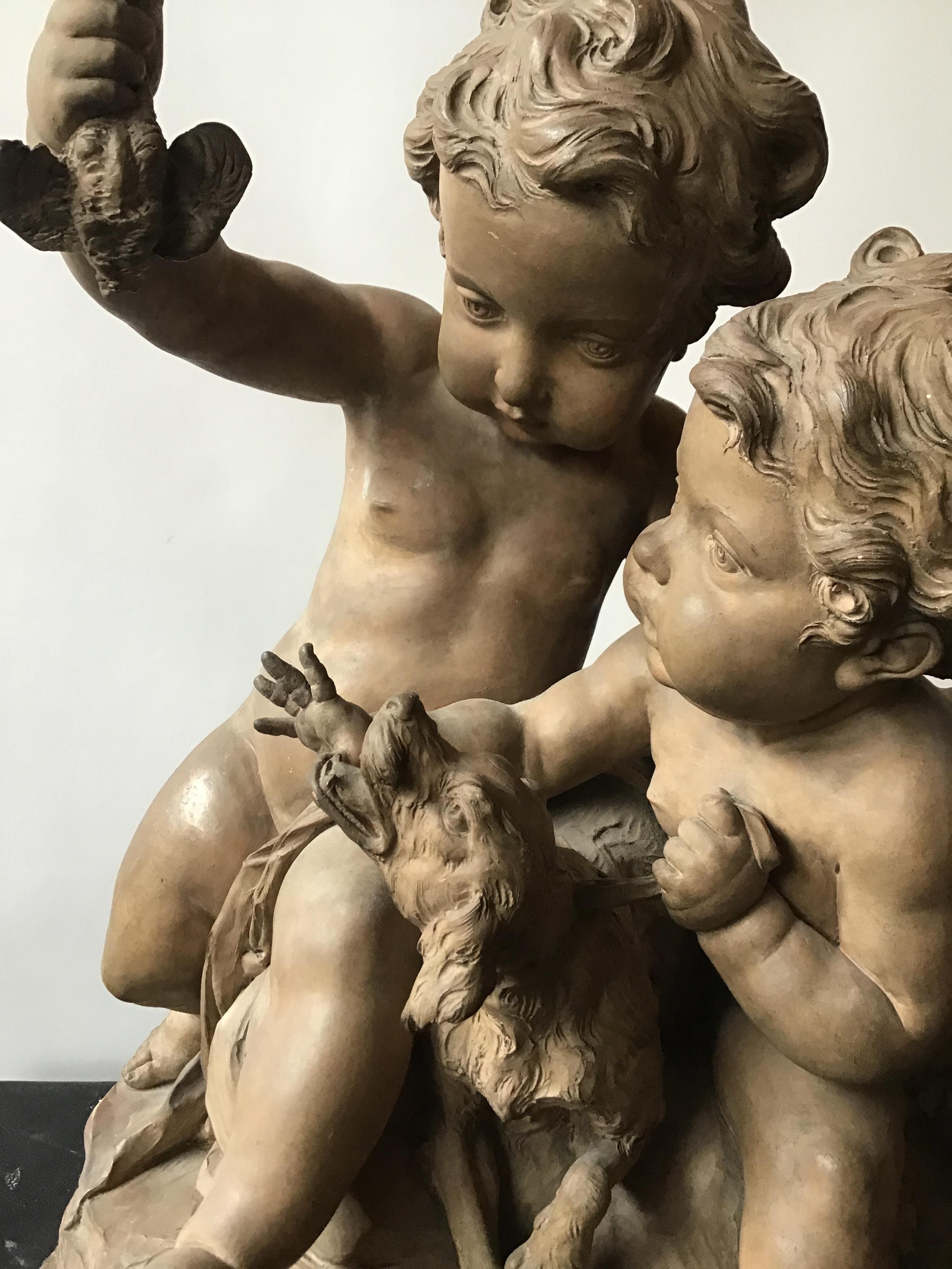 Clodian Terracotta Sculpture of Cherubs and Dog For Sale 5