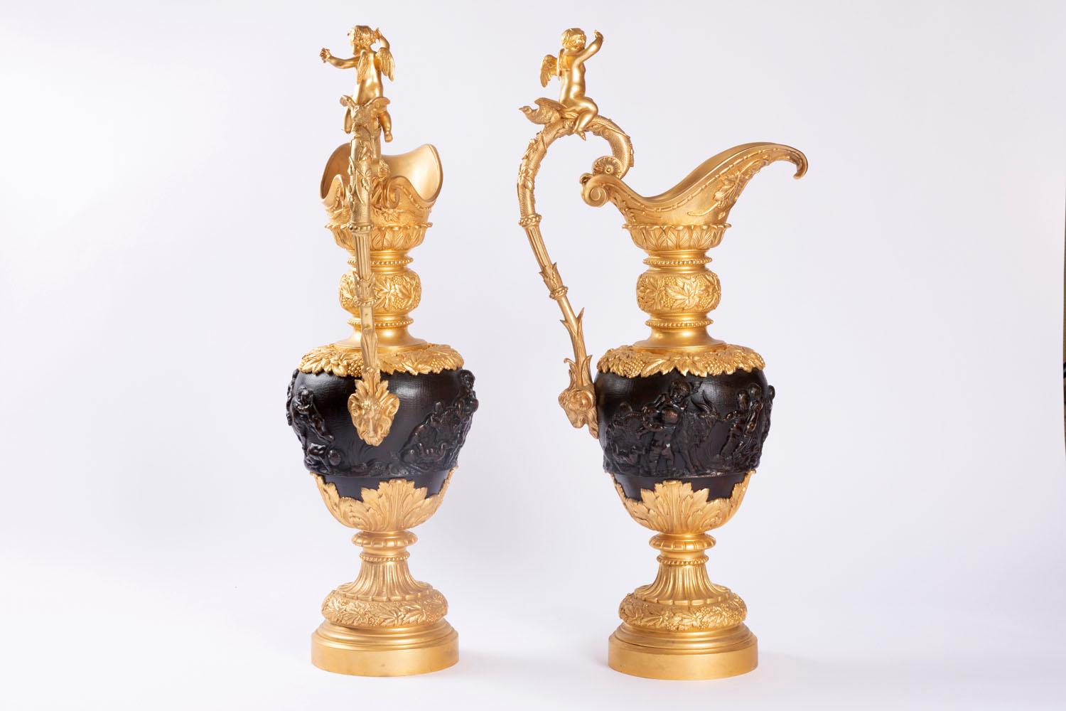 Louis XV Clodion, Pair of Ewers in Bronze with Two Patinas, Late 19th Century For Sale