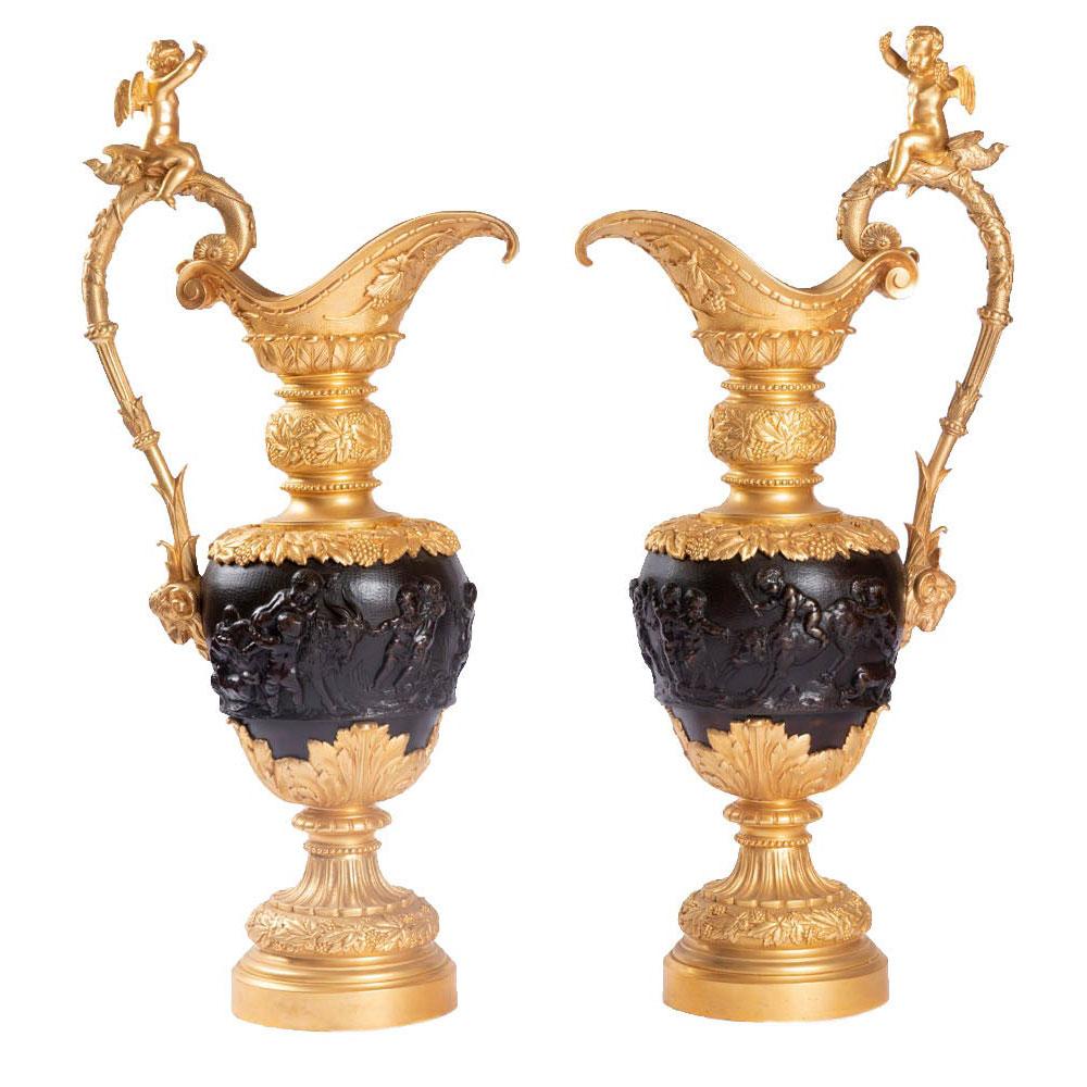 Clodion, Pair of Ewers in Bronze with Two Patinas, Late 19th Century For Sale