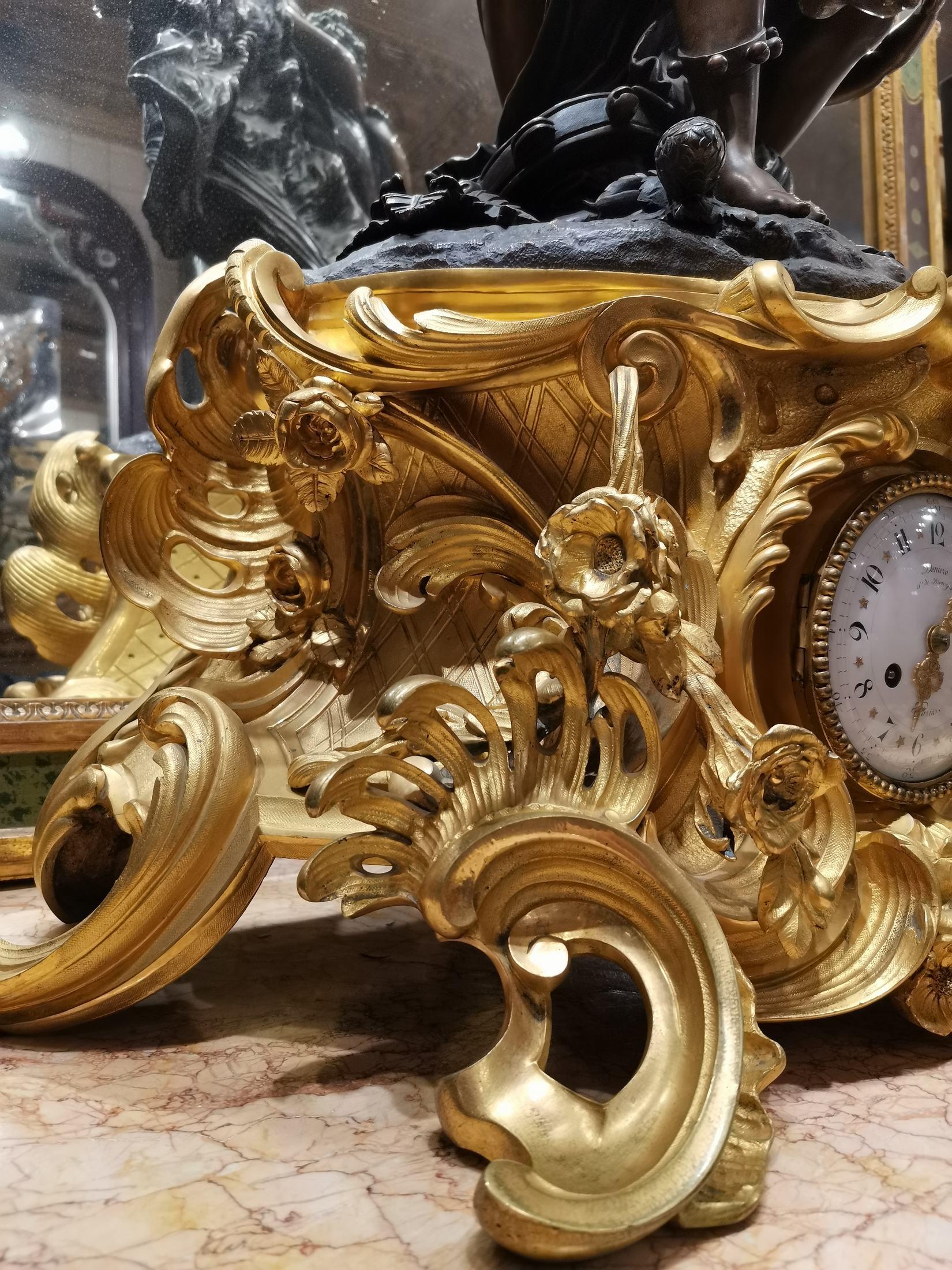 French Clodion Signed Very Large and Heavy Bronze Clock, the Bronze is Gilded 19th Cent For Sale