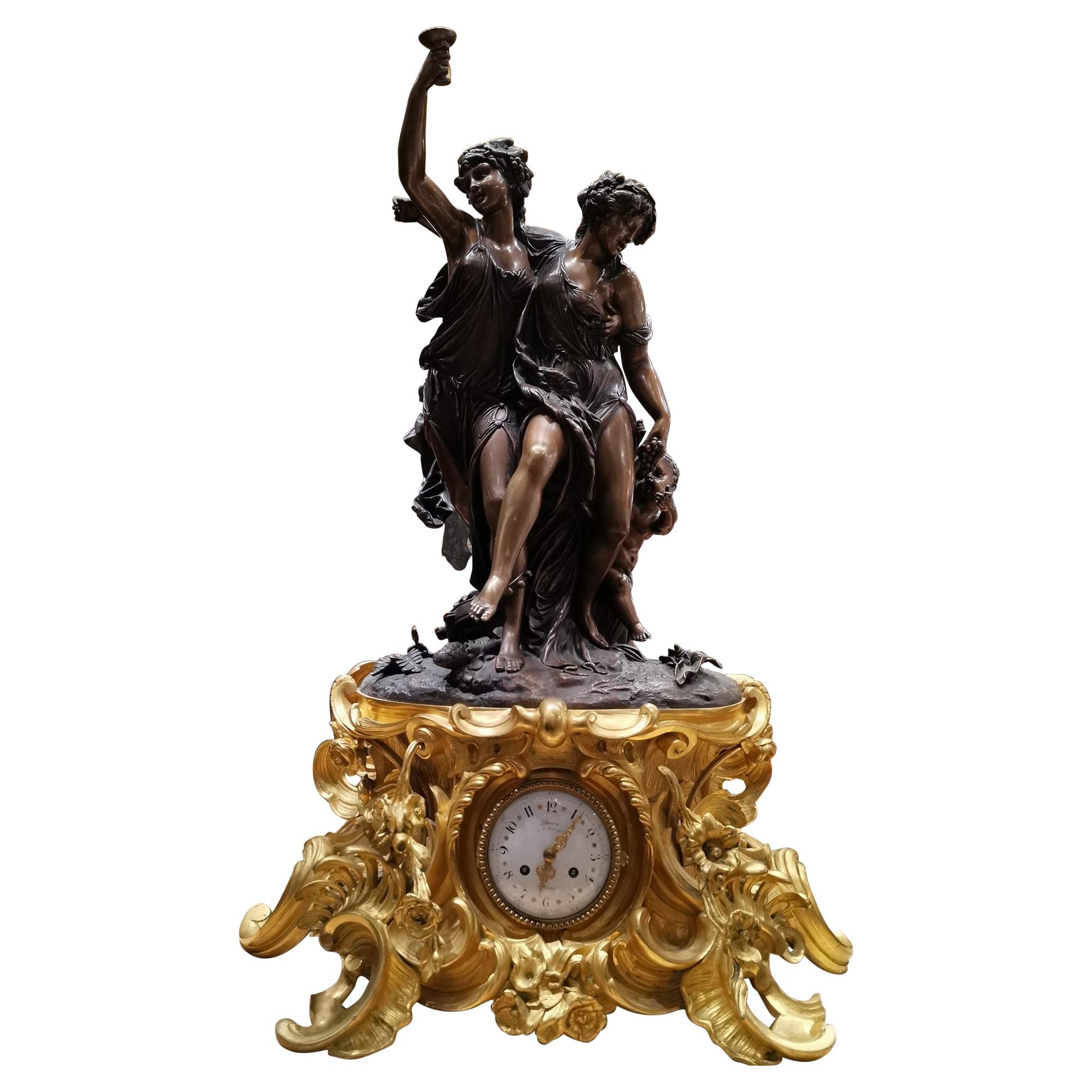 Clodion Signed Very Large and Heavy Bronze Clock, the Bronze is Gilded 19th Cent For Sale