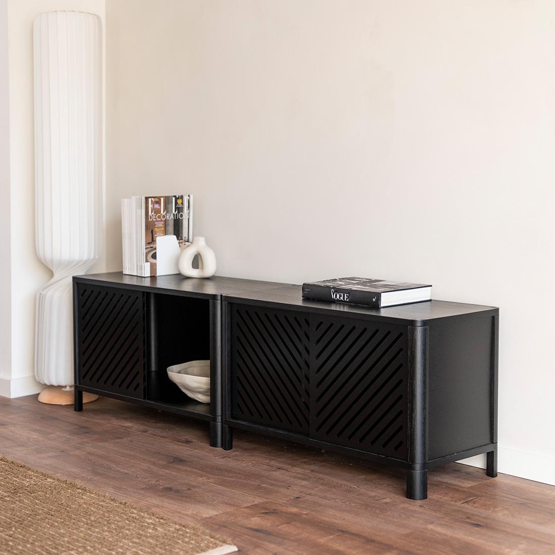 Cloe, Black Tv Stand with Black Wood Doors For Sale 3