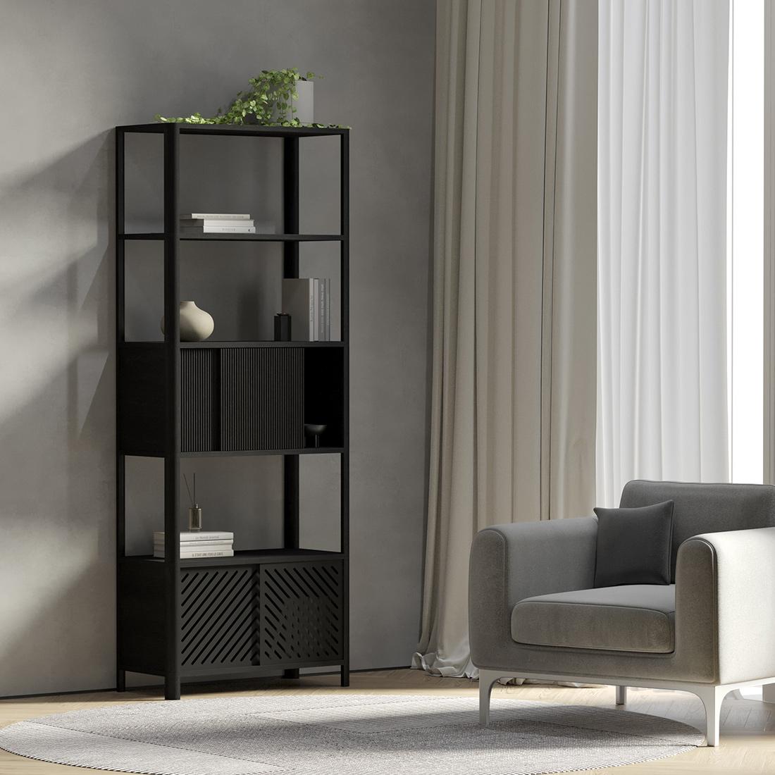 Cloe, Black Tv Stand with Black Wood Doors For Sale 1