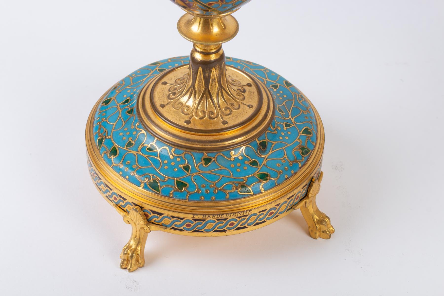 Cloisonné and Enamelled Bronze Set, Signed F. Barbedienne In Good Condition In Saint-Ouen, FR