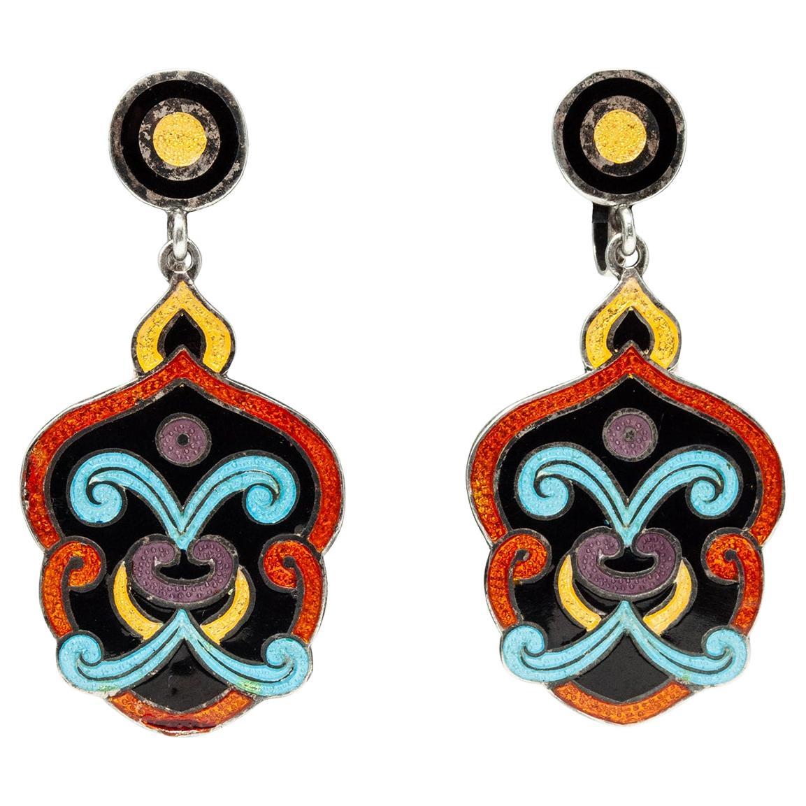 Cloisonne and Silver Drop Earrings