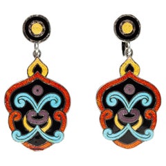 Cloisonne and Silver Drop Earrings