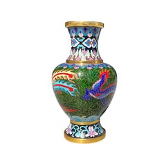 Cloisonne Asian Dragonware Vase in Emerald Green and Brass