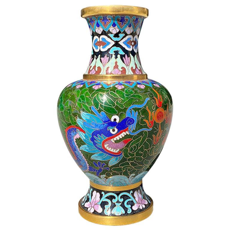 Cloisonne Asian Dragonware Vase in Emerald Green and Brass For Sale