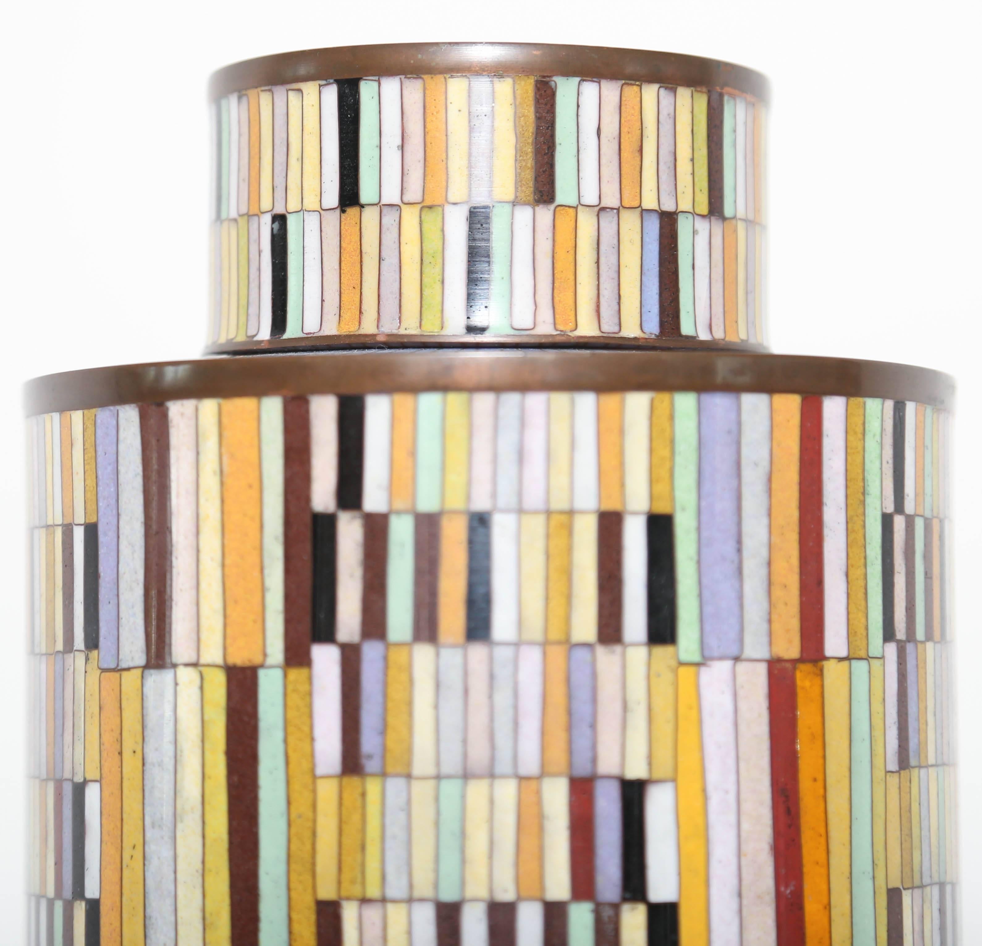 Very colorful cloisonné lidded canister by Fabienne Jouvin.